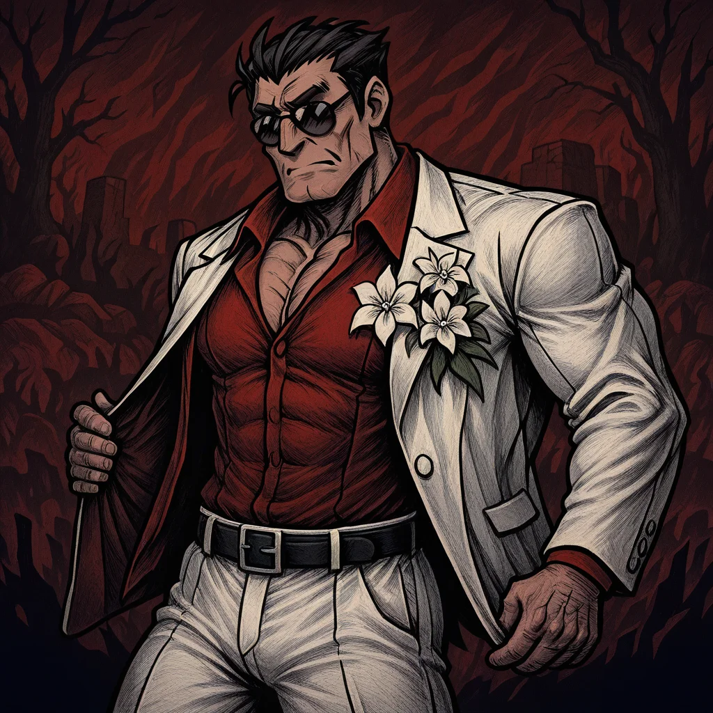 masterpiece, best quality, newest, absurdres, highres, NFCV1.0, 1boy, helltaker (helltaker), black hair, short hair, muscular, muscular male, sunglasses, glasses, white jacket, white pants, black belt, red shirt, formal clothes, flower in clothes, open jacket