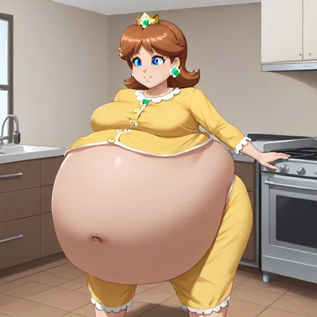 1girl, Princess Daisy, Pajamas, giant waist, , Giant Belly, Kitchen