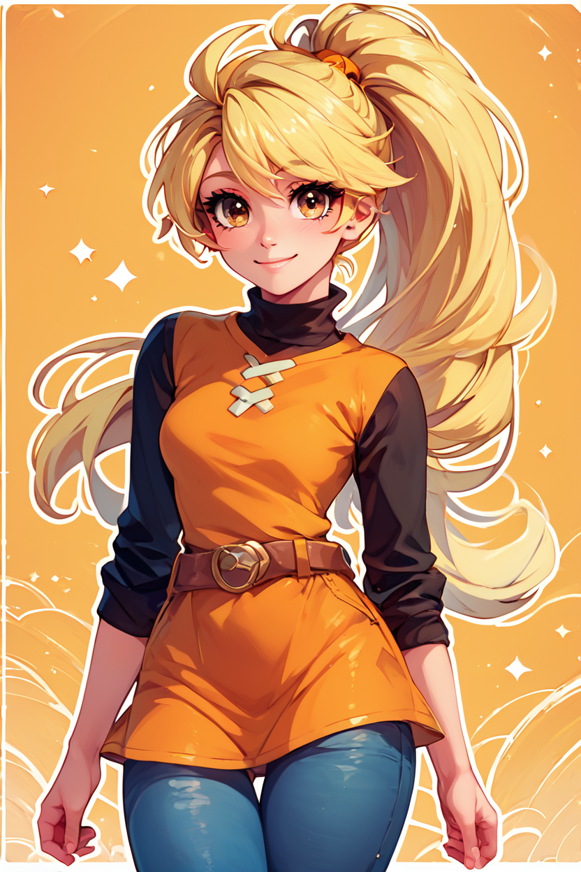 score_9, score_8_up, score_8, medium breasts, (curvy), cute, eyelashes,       BREAK, , zzYellow, brown eyes, blonde hair, long hair, ponytail, bangs, orange tunic, brown belt, pants, <lora:Yellow_Pokemon_PDXL_v2:0.8>, , BREAK, smile, looking at viewer,  abstract background, white outline, cowboy shot, embedding:zPDXL, Expressiveh, <lora:CatalystStylePDXL:0.6>,  <lora:SDXLFaeTastic2400:0.5>,  <lora:Expressive_H-000001:0.4>,