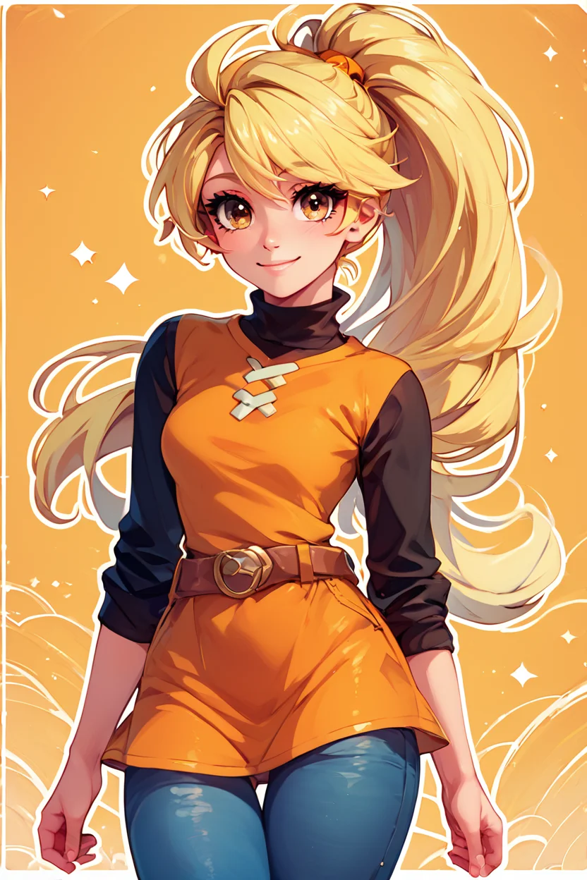 score_9, score_8_up, score_8, medium breasts, (curvy), cute, eyelashes, BREAK, , zzYellow, brown eyes, blonde hair, long hair, ponytail, bangs, orange tunic, brown belt, pants, <lora:Yellow_Pokemon_PDXL_v2:0.8>, , BREAK, smile, looking at viewer, abstract background, white outline, cowboy shot, embedding:zPDXL, Expressiveh, <lora:CatalystStylePDXL:0.6>, <lora:SDXLFaeTastic2400:0.5>, <lora:Expressive_H-000001:0.4>,