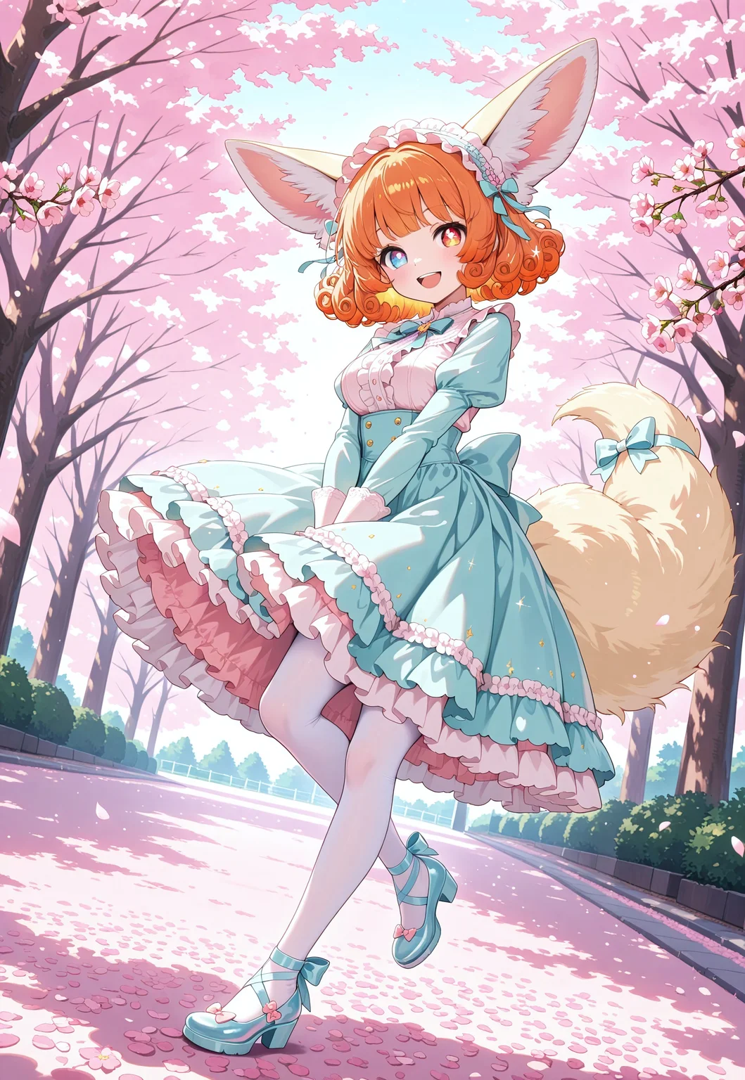 1girl, Zara Orange, fennec girl, fennec tail, heterochromia eyes, diamond-shaped pupils, (pink pupils, symbol-shaped pupils), short curly hair, bangs, short hair, fluffy tail, two-tone hair, gradient hair, multicolored hair, pink highlights, pink streaks, masterpiece, best quality, absurdres, medium breasts,
(pastel theme, lolitafashion:1.2), pastel lolitafashion, sweet lolitadress, shiny lolitadress, victorian dress, kawaii, cute, puffy padded dress, petticoat, puffy sleeves, pastel colors, pastel pink, pastel blue, frilled wide skirt, white pantyhose, pastel dress, puffy sleeves, gloves, pastel headdress, many bows, multiple bows, ribbons, frills, frilled fabric, center frills, sparkles, glitter, cute lolitashoes, leg ribbon, tail ribbon, tail bow,
outdoors, nature, park, cherry blossom trees,
solo, from side, standing on one leg, full body, dynamic pose, dutch angle, looking at viewer, v arms, happy smile,
intricate, highly detailed, majestic, shallow depth of field, movie still, circular polarizer