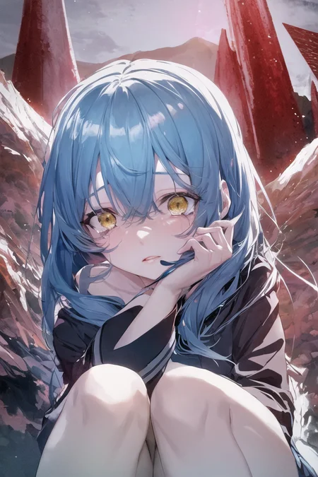 art by yaguru magiku, (001glitch-core, dreamcore), 8sconception, alberto-mielgo, anime-background-style-v2, Super Quality, Vaporwave,Synth Wave,weirdcore, dreamy, full body
(a cute, young anime girl sitting by a river and she's crying, with her hand on her mouth, and she's holding her knees, and her lips are quivering and her cheeks are red, and there's a river full of water running behind her, and there's a bright yellow light shining from the sky, and there's a small town full of houses and trees in the background, and there are mountains in the distance, and the trees are covered in snow, and the sky is a bright blue, and there's a rainbow in the sky behind the mountains)
Visual effects:movie lights, [[red, blue, green, yellow, black, white, pink, purple, cowboy shot, ((colorful)), ink and wash painting, delicate and beautiful girl, ((illustration)), ((floating hair)), ((chromatic aberration))]]