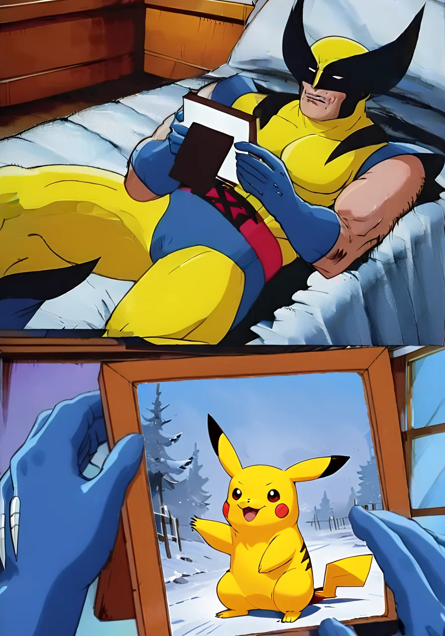 Wolverine holding a picture frame of Pikachu, split panels, <lora:wolvmemesdxl:0.8>, wolvmemesdxl, cartoon, best quality, comic panel