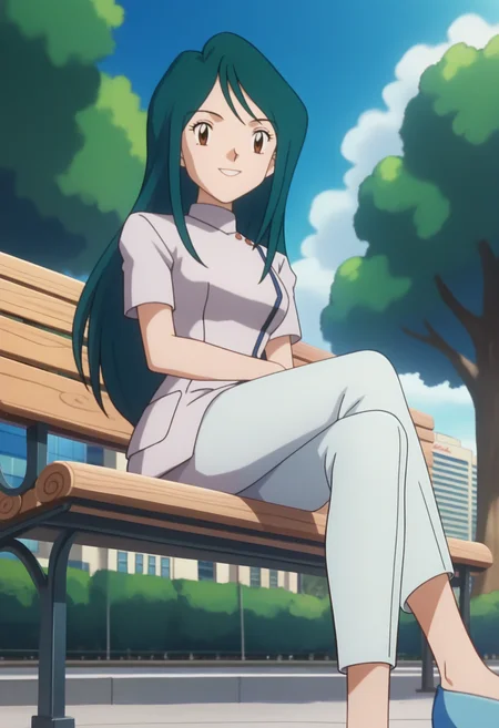 score_9, score_8_up, score_7_up, score_6_up, anime screencap, anime coloring, <lora:PMSuzie:0.9>, PMSuzie, 1girl, solo, long hair, green hair, brown eyes, breasts, 
white coat, short sleeves, white pants,
blue shoes, 
sitting, crossed legs, smile, looking at viewer, from below, seductive pose,
BREAK day, blue sky, cityscape, park, bench, tree,