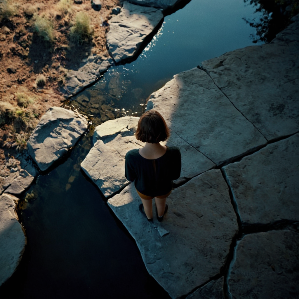 cinematic film still of <lora:add-detail-xl:0.1>1
<lora:detailed:0.3> realism
<lora:perfection style:0.2> perfect
<lora:eyetune:0.6>
<lora:xl_more_art-full_v1:0.3>
<lora:Ron Fricke style:0.3>
<lora:Unreal Engine style:0.3>
<lora:TeethXL:0.3>
<lora:Chiaroscuro Lighting Style:0.3> Chiaroscuro Lighting Style
 <lora:High Angle style:1>
High Angle From above a small bird is standing on a cracked rock, camera from above, Bird's-eye view, aerial shot view, movie themed, sharp, detailed, epic cinematic photography, artistic, dramatic cinematic lighting style, cinematic color style, skin tone film style, Kodak, 35 mm film style, detailed background style, widescreen style, cinematography technique style, High Angle style, 1girl, solo, short hair, outdoors, water, shadow, from above, scenery, reflection
, shallow depth of field, vignette, highly detailed, high budget, bokeh, cinemascope, moody, epic, gorgeous, film grain, grainy