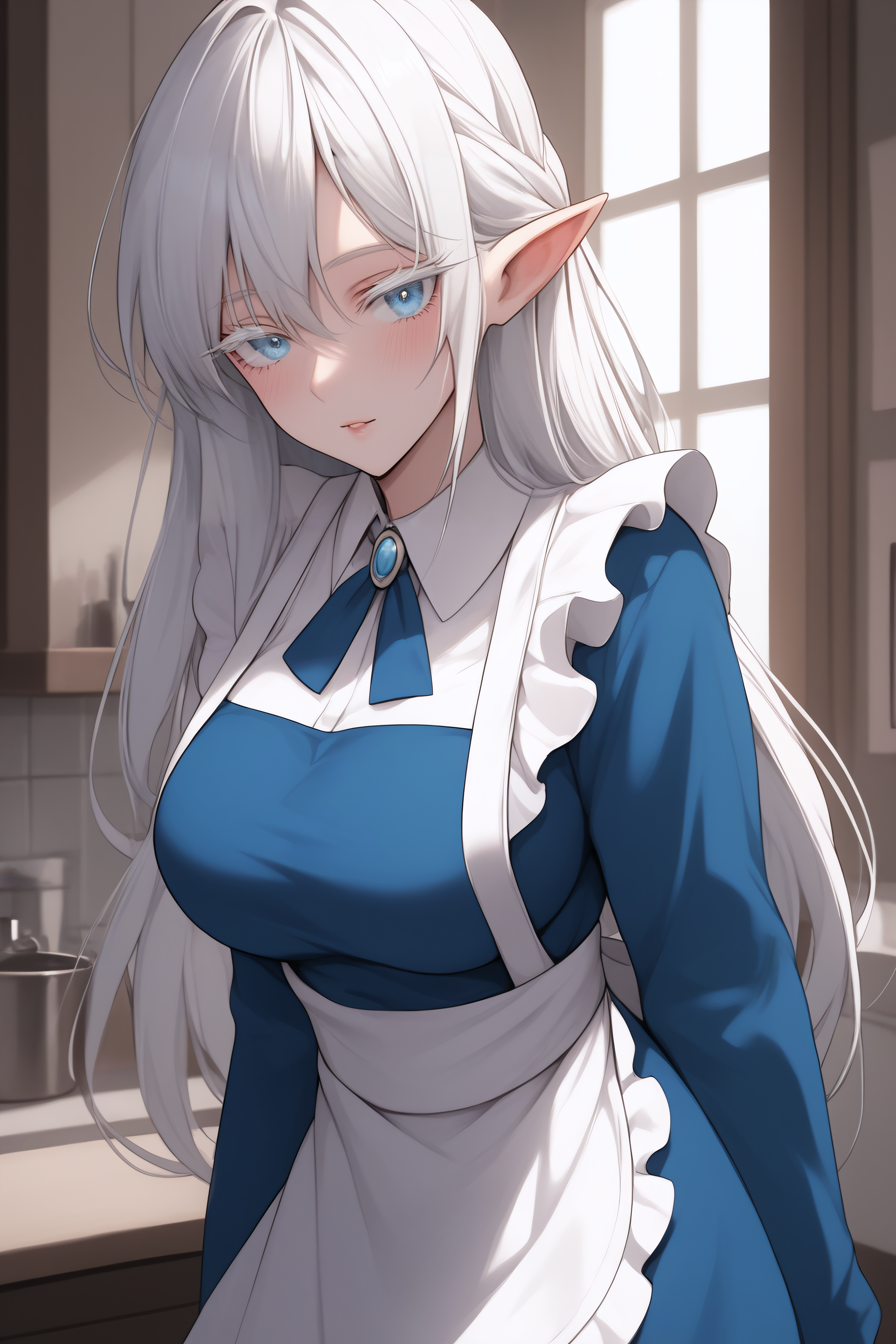 score_9, score_8_up, score_7_up, BREAK source_anime, <lora:Schnee Raizar-PonyXL-lora-Faxtron:0.8> schnee raizar, blue eyes, white eyelashes, white hair, long hair, large breasts, pointy ears, long blue dress, white apron, long sleeves,