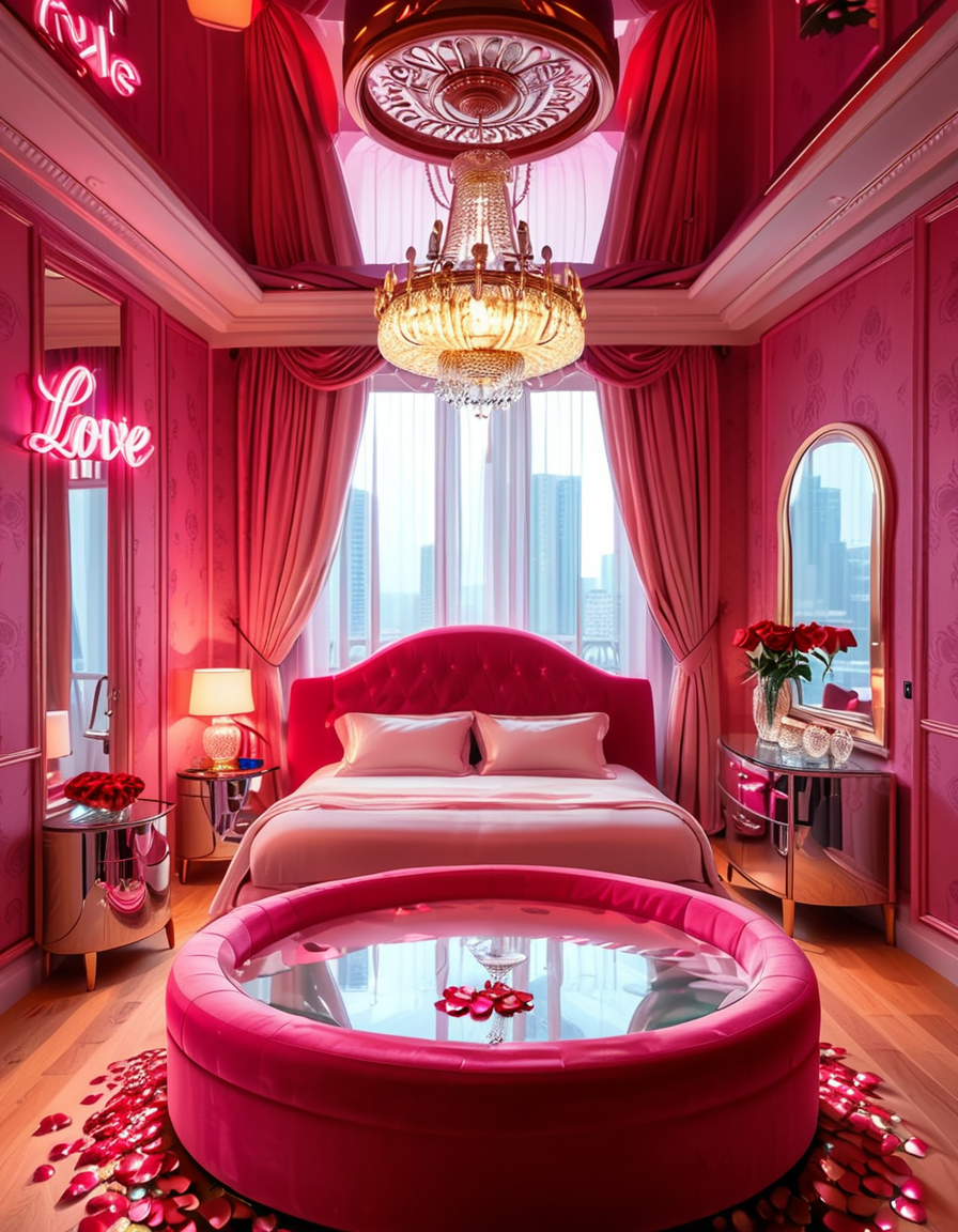 A luxurious, stylish love hotel room,love hotel r00m with a romantic and intimate atmosphere. The room features a large, round king-sized bed with silky red and black sheets, surrounded by soft, ambient lighting. Neon pink and purple LED lights illuminate the walls, creating a sensual glow. A plush velvet sofa sits near the bed, with a glass-topped coffee table holding champagne glasses and a chilled bottle of champagne. The ceiling has a large mirror, reflecting the entire room. On one side, thereâs a floor-to-ceiling window with sheer curtains, showing the night cityscape in the background. A modern jacuzzi tub with rose petals floating on the water is visible in the corner, surrounded by candles. The room has a sleek, modern design with a touch of opulence, including gold accents on the furniture and warm wooden floors. The lighting is dim and moody, emphasizing the romantic ambiance.
<lora:SDXLFaeTastic2400:0.4> <lora:extremely_detailed:0.4> extremely detailed, <lora:love_hotel_r00m:1>, Masterpiece,best quality,hi res,8k,hi res,8k,award winning,(sharp focus, intricate, highly detailed),