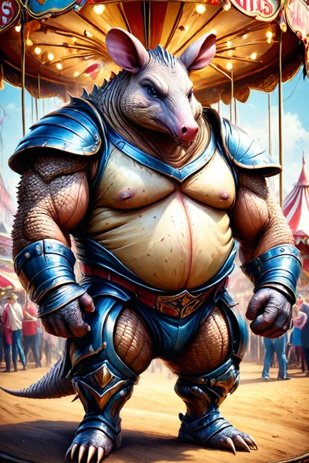 RAW photo of a skinny  anthro Armadillo at Victorian fairground with carousel and games,  super detail, ultra-realism, <lora:xl_more_art-full_v1:0.3>, <lora:Angst-v1-2_SDXL:0.7> Angst, <lora:anthro_muscular:1>, <lora:Rainbow_Style:0.6>