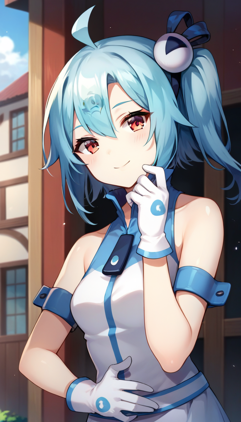 score_9,score_8_up,score_7_up,score_6_up BREAK official art,solo,outdoors,upper body,(portrait:1.5),looking at viewer,facing viewer,smile,blush,33,ahoge,short hair,blue hair,one side up,hair ornament,hair between eyes,parted bangs,red eyes,bare shoulders,sleeveless shirt,white shirt,small breasts,white gloves,white skirt,black pantyhose,boots,high heel boots,<lora:33 Niang(bilibili)-Pony:1.6>,