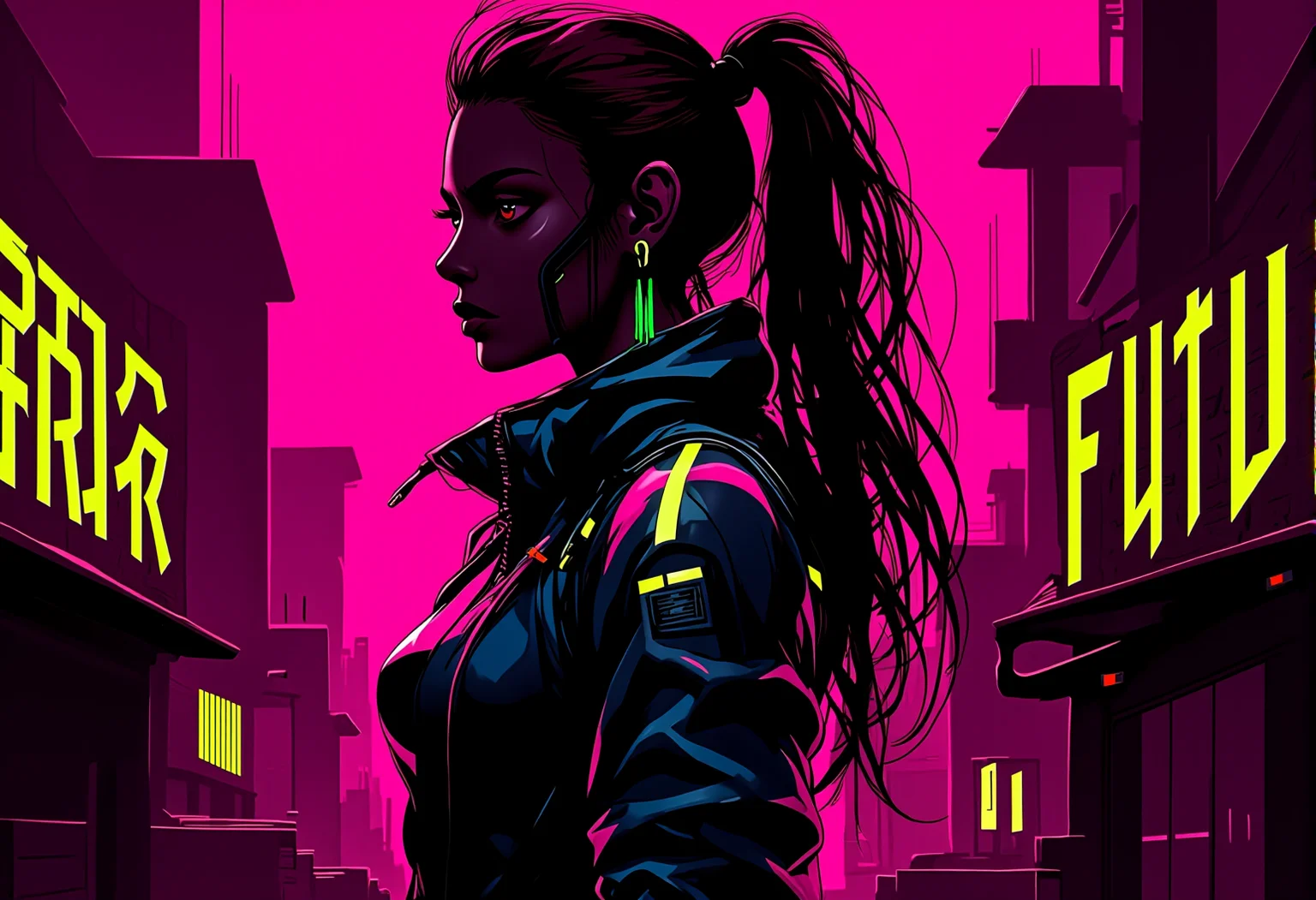 In the style of cyberpunk surrealism with strong outlines and exaggerated lighting, a stunning young woman is posing in profile with a serious expression in front of a intense pink background, with sharp silhouettes and a futuristic urban environment. The character wears sleek cyber armor with neon highlights, and the scene is accentuated with futuristic typography displayed prominently in the background. The lighting casts dramatic shadows on the characterâs face and armor, creating a high-energy atmosphere. Occasionally, the design features a **poster-style layout** with a acid green, and bold **cyberpunk text** reading "Future" in cyberpunk font, creating a striking visual contrast. The overall composition is dynamic, with high contrast between light and dark, emphasizing the character's power and the bold visual style. The background may also include futuristic buildings that blend into the minimalistic design. , <lora:bv-neoartsty.safetensors:1.0:1.0>