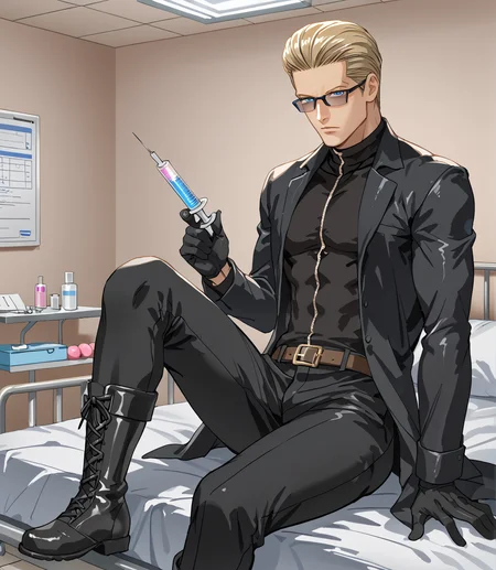PonyScores7, source_anime, ah1, BREAK <lora:albertwesker-guy-PONYv1:0.8> albertwesker, albert wesker, 1boy, blonde, black gloves, (sunglasses:1.3), belt, black coat, black pants, looking at viewer, toned, athletic, fit, slicked back hair, black turtleneck, zipper, mature male, short hair, black boots, (<lora:1124 hospital bed_v1_pony:0.8> ruanyi1124,hospital bed,still life, sits on bed, holding syringe, medical syringe), (hospital, indoors, room, wearing white lab coat), (focused, intense glare, apathetic, contemptuous), blue eyes, (angular face, sharp_featured face), handsome, charming, alluring, BREAK <lora:xl_more_art-full_v1:0.2>, <lora:shinyskin2:0.2> glistening skin, <lora:aesthetic_anime_v1s:0.2>, <lora:Expressive_H:0.2> Expressiveh, <lora:hairdetailpxl:0.2> hairdetailpxl, <lora:EpicF4nta5yXL:0.2>, <lora:detailxl:0.2> detailxl, <lora:Fant5yP0ny:0.2>, best quality, amazing quality, best aesthetic, absurdres, <lora:expressive eyes:0.2> expressive eyes, <lora:eyedetailpxl:0.2> eyedetailpxl, illustration, Volumetric_Lighting, ultra-detailed, very aesthetic, intricate details, 8k, masterpiece, best_quality, BREAK <lora:Eyes_High_Definition:0.3> EyesHD, Stable_Yogis_PDXL_Positives, AS-Adult, <lora:Complicated fantasy portrait - XL Pony V2.0:0.4>, bad-hands-5, AS-MidAged, <lora:natsumi_style:0.5>,