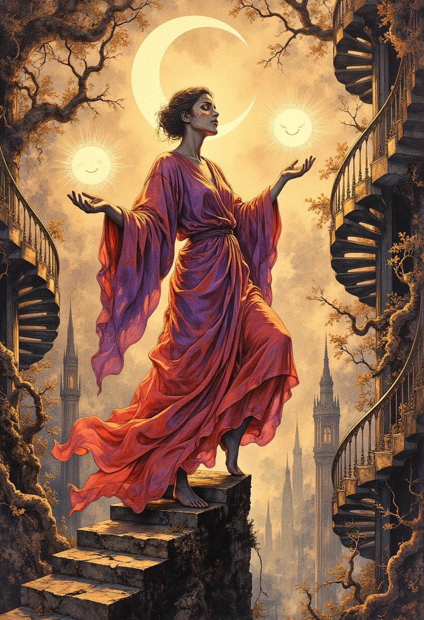 A whimsical yet mischievous scene rendered in a modern Art Nouveau style, capturing the enchanting narrative of illusion and deception with vibrant, dynamic imagery. The composition is infused with playful elegance and surreal mystery, blending flowing, organic lines with intricate, decorative patterns that dance around the central figure, creating an atmosphere of wonder and uncertainty.
At the center of the scene is a figure with a lithe, nimble form, poised in a playful, acrobatic stance that exudes agility and grace. They are balanced precariously on one foot atop a narrow, crumbling ledge that juts out into the swirling chaos of the background. Their body leans forward with a poised, graceful arch, as if ready to leap into the unknown at any moment. Their posture is dynamic and fluid, capturing a sense of motion and spontaneity, emphasizing their mischievous, unpredictable nature.
The figure’s face is concealed behind a theatrical mask with a wide, crooked smile that stretches unnaturally across its surface. The mask is painted in bright, vibrant colors—gleaming golds, rich purples, and deep scarlets—adorned with swirling patterns and delicate, shimmering accents. The exaggerated, curved smile gives the mask an eerie, playful appearance, enhancing the sense of trickery and deception. The mask’s hollow eyes are dark and shadowed, giving no hint of the true face beneath, adding an air of mystery and intrigue.
They are dressed in a flowing, multicolored robe that billows around them with a life of its own, swirling and twisting as if caught in an invisible breeze. The robe is impossibly light and fluid, crafted from shimmering fabric that reflects light in rippling waves, creating an illusion of constant motion. The swirling patterns on the robe are intricate and hypnotic, painted in vibrant shades of red, purple, and gold that blend seamlessly into one another, enhancing the surreal, whimsical ambiance. The edges of the robe are adorned with delicate gold thread, glistening faintly as the fabric twists and curls through the air.
In their hands, they juggle glowing orbs of light that pulse and flicker with an ethereal, otherworldly glow. The orbs are perfectly spherical, their surfaces swirling with shimmering, golden mist that twists and spirals hypnotically within the transparent spheres. The light emitted by the orbs is soft and mesmerizing, casting faint, shifting reflections on the figure’s robe and the swirling chaos of the background. Each orb represents illusion and deception, their delicate, shimmering light contrasting beautifully with the vibrant colors around them.
The background is a fantastical world of chaos and surreal wonder, painted in swirling hues of red, purple, and gold that flow and twist in mesmerizing, fluid patterns. Shifting staircases spiral through the air, twisting and contorting into impossible shapes, their steps leading nowhere. The staircases are adorned with delicate carvings and gilded railings, their ornate designs enhanced by the swirling colors that cascade around them. Mirrored pathways intersect and spiral outward, reflecting distorted images of the figure and the glowing orbs, enhancing the sense of illusion and uncertainty.
The vibrant colors of the background are bold and dynamic, blending seamlessly into one another with soft gradients and flowing brushstrokes that create a dreamlike, hypnotic effect. The swirling patterns dance and shift fluidly, forming swirling vortexes and spiraling tendrils that weave through the air, adding to the sense of chaos and enchantment. The vibrant hues are enhanced with delicate, shimmering highlights that give the swirling colors a luminous, otherworldly glow.
Above the figure, a crescent moon hangs upside down, its delicate, curved edges gleaming softly with an eerie, playful light. The moon is painted in a pale, silvery gold, its surface adorned with delicate, swirling patterns that twist around its edges. The upside-down position of the crescent moon enhances the surreal, whimsical atmosphere, suggesting a world turned upside down, ruled by illusion and trickery. The soft, silvery light from the moon diffuses gently through the swirling colors, casting a delicate, ethereal glow over the scene.
The intricate border of the scene is adorned with twisting vines and delicate, flowing patterns that spiral gracefully around the edges. The vines are painted in soft, golden hues, their delicate leaves shimmering with faint, iridescent highlights. Interwoven among the vines are theatrical masks, each one smiling differently, their exaggerated, crooked smiles hinting at the ever-changing nature of the Trickster. The masks are intricately detailed, painted in vibrant colors with shimmering gold accents, their hollow eyes reflecting the mischievous light of the glowing orbs.
The lighting is soft and atmospheric, blending warm golden hues with cool purples and deep scarlets to create a vibrant, dynamic ambiance. The soft, glowing light from the orbs and the crescent moon enhances the whimsical, otherworldly atmosphere, casting delicate highlights on the swirling patterns and flowing robes. The shadows are rich and fluid, flowing seamlessly into the swirling colors, enhancing the fluid, harmonious composition.
The color palette is bold and dynamic, dominated by vibrant reds, purples, and golds that swirl and twist in mesmerizing patterns. The rich, vibrant hues contrast beautifully with the soft, ethereal glow of the orbs and the delicate, shimmering highlights on the figure’s robe. The flowing watercolor washes and delicate gradients enhance the impressionistic, dreamlike quality of the painting, capturing the fluid, ever-changing nature of illusion and trickery.
This modern Art Nouveau styled painting is a masterful blend of whimsical elegance, surreal mystery, and vibrant, dynamic movement. It captures the playful, mischievous nature of illusion and deception, embodying the enchanting power of the Trickster. Every element, from the glowing orbs to the swirling staircases, contributes to the whimsical, hypnotic narrative of chaos, enchantment, and the ever-changing dance of reality and illusion.