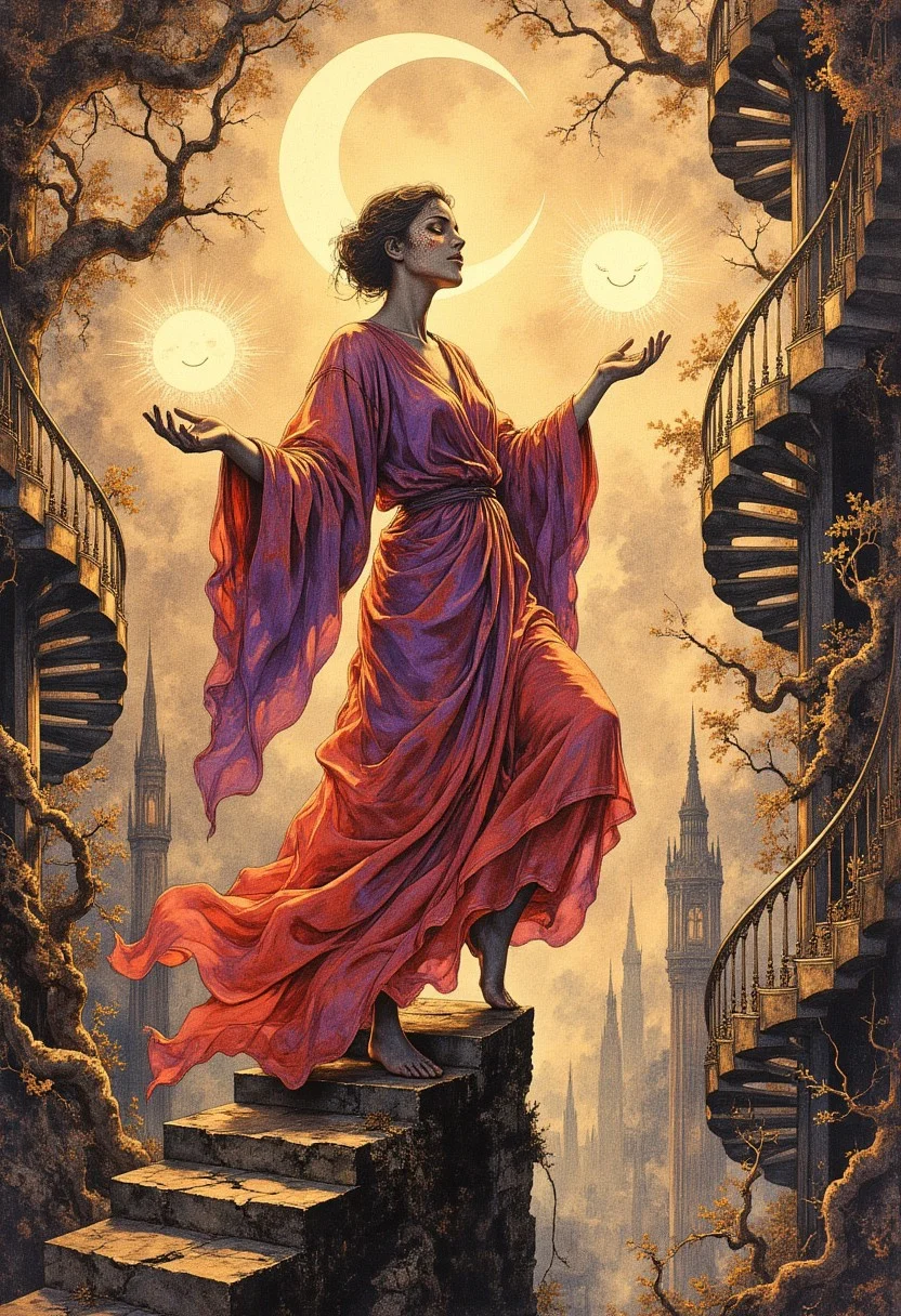 A whimsical yet mischievous scene rendered in a modern Art Nouveau style, capturing the enchanting narrative of illusion and deception with vibrant, dynamic imagery. The composition is infused with playful elegance and surreal mystery, blending flowing, organic lines with intricate, decorative patterns that dance around the central figure, creating an atmosphere of wonder and uncertainty.
At the center of the scene is a figure with a lithe, nimble form, poised in a playful, acrobatic stance that exudes agility and grace. They are balanced precariously on one foot atop a narrow, crumbling ledge that juts out into the swirling chaos of the background. Their body leans forward with a poised, graceful arch, as if ready to leap into the unknown at any moment. Their posture is dynamic and fluid, capturing a sense of motion and spontaneity, emphasizing their mischievous, unpredictable nature.
The figure’s face is concealed behind a theatrical mask with a wide, crooked smile that stretches unnaturally across its surface. The mask is painted in bright, vibrant colors—gleaming golds, rich purples, and deep scarlets—adorned with swirling patterns and delicate, shimmering accents. The exaggerated, curved smile gives the mask an eerie, playful appearance, enhancing the sense of trickery and deception. The mask’s hollow eyes are dark and shadowed, giving no hint of the true face beneath, adding an air of mystery and intrigue.
They are dressed in a flowing, multicolored robe that billows around them with a life of its own, swirling and twisting as if caught in an invisible breeze. The robe is impossibly light and fluid, crafted from shimmering fabric that reflects light in rippling waves, creating an illusion of constant motion. The swirling patterns on the robe are intricate and hypnotic, painted in vibrant shades of red, purple, and gold that blend seamlessly into one another, enhancing the surreal, whimsical ambiance. The edges of the robe are adorned with delicate gold thread, glistening faintly as the fabric twists and curls through the air.
In their hands, they juggle glowing orbs of light that pulse and flicker with an ethereal, otherworldly glow. The orbs are perfectly spherical, their surfaces swirling with shimmering, golden mist that twists and spirals hypnotically within the transparent spheres. The light emitted by the orbs is soft and mesmerizing, casting faint, shifting reflections on the figure’s robe and the swirling chaos of the background. Each orb represents illusion and deception, their delicate, shimmering light contrasting beautifully with the vibrant colors around them.
The background is a fantastical world of chaos and surreal wonder, painted in swirling hues of red, purple, and gold that flow and twist in mesmerizing, fluid patterns. Shifting staircases spiral through the air, twisting and contorting into impossible shapes, their steps leading nowhere. The staircases are adorned with delicate carvings and gilded railings, their ornate designs enhanced by the swirling colors that cascade around them. Mirrored pathways intersect and spiral outward, reflecting distorted images of the figure and the glowing orbs, enhancing the sense of illusion and uncertainty.
The vibrant colors of the background are bold and dynamic, blending seamlessly into one another with soft gradients and flowing brushstrokes that create a dreamlike, hypnotic effect. The swirling patterns dance and shift fluidly, forming swirling vortexes and spiraling tendrils that weave through the air, adding to the sense of chaos and enchantment. The vibrant hues are enhanced with delicate, shimmering highlights that give the swirling colors a luminous, otherworldly glow.
Above the figure, a crescent moon hangs upside down, its delicate, curved edges gleaming softly with an eerie, playful light. The moon is painted in a pale, silvery gold, its surface adorned with delicate, swirling patterns that twist around its edges. The upside-down position of the crescent moon enhances the surreal, whimsical atmosphere, suggesting a world turned upside down, ruled by illusion and trickery. The soft, silvery light from the moon diffuses gently through the swirling colors, casting a delicate, ethereal glow over the scene.
The intricate border of the scene is adorned with twisting vines and delicate, flowing patterns that spiral gracefully around the edges. The vines are painted in soft, golden hues, their delicate leaves shimmering with faint, iridescent highlights. Interwoven among the vines are theatrical masks, each one smiling differently, their exaggerated, crooked smiles hinting at the ever-changing nature of the Trickster. The masks are intricately detailed, painted in vibrant colors with shimmering gold accents, their hollow eyes reflecting the mischievous light of the glowing orbs.
The lighting is soft and atmospheric, blending warm golden hues with cool purples and deep scarlets to create a vibrant, dynamic ambiance. The soft, glowing light from the orbs and the crescent moon enhances the whimsical, otherworldly atmosphere, casting delicate highlights on the swirling patterns and flowing robes. The shadows are rich and fluid, flowing seamlessly into the swirling colors, enhancing the fluid, harmonious composition.
The color palette is bold and dynamic, dominated by vibrant reds, purples, and golds that swirl and twist in mesmerizing patterns. The rich, vibrant hues contrast beautifully with the soft, ethereal glow of the orbs and the delicate, shimmering highlights on the figure’s robe. The flowing watercolor washes and delicate gradients enhance the impressionistic, dreamlike quality of the painting, capturing the fluid, ever-changing nature of illusion and trickery.
This modern Art Nouveau styled painting is a masterful blend of whimsical elegance, surreal mystery, and vibrant, dynamic movement. It captures the playful, mischievous nature of illusion and deception, embodying the enchanting power of the Trickster. Every element, from the glowing orbs to the swirling staircases, contributes to the whimsical, hypnotic narrative of chaos, enchantment, and the ever-changing dance of reality and illusion.