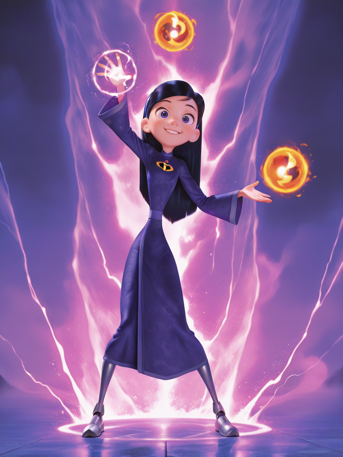 <lora:Violet_ParrIL:1> vio_p, 1girl, slender body, fair skin, long straight hair, black hair, pink lips, bluish-purple eyes, purple headband,
magic, magic robe, steel armor,glowing liens, fireball, action, full body, glowing background, magic background