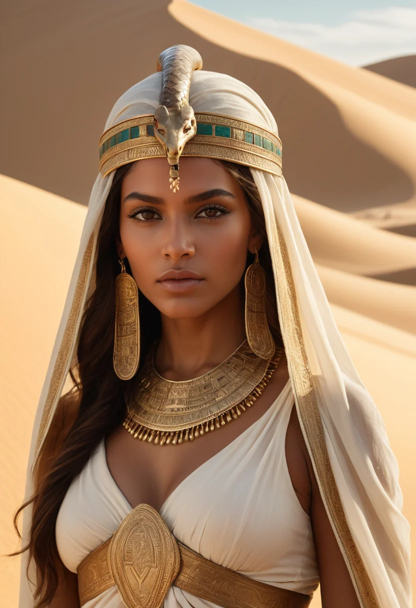 cinematic still The image is a highly detailed digital artwork depicting a woman in an ancient Egyptian-inspired setting. She stands in a desert landscape with vast sand dunes stretching into the background, illuminated by a warm, golden light. The woman has light brown skin and long, dark brown hair that peeks out from beneath a beige, flowing scarf that covers her head. She wears an elaborate, golden breastplate adorned with intricate carvings and patterns, emphasizing her ample breasts. Her upper body is bare, except for the breastplate and a matching golden arm band on her right arm. She also wears a golden headpiece with a small, ornate design at the center. Her eyes are a striking, piercing green, and she has a serious, confident expression. She holds a long, wooden staff with a coiled snake entwined around it, suggesting a connection to ancient Egyptian mythology. The texture of the sand dunes is smooth and detailed, with subtle shadows and highlights, while the woman's attire and accessories have a metallic, almost sculptural quality, adding to the image's rich, historical atmosphere. The overall style is hyper-realistic, capturing both the woman's regal presence and the detailed environment . emotional, harmonious, vignette, 4k epic detailed, shot on kodak, 35mm photo, sharp focus, high budget, cinemascope, moody, epic, gorgeous, film grain, grainy, The image is a highly detailed digital artwork depicting a woman in an ancient Egyptian-inspired setting. She stands in a desert landscape with vast sand dunes stretching into the background, illuminated by a warm, golden light. The woman has light brown skin and long, dark brown hair that peeks out from beneath a beige, flowing scarf that covers her head. She wears an elaborate, golden breastplate adorned with intricate carvings and patterns, emphasizing her ample breasts. Her upper body is bare, except for the breastplate and a matching golden arm band on her right arm. She also wears a golden headpiece with a small, ornate design at the center. Her eyes are a striking, piercing green, and she has a serious, confident expression. She holds a long, wooden staff with a coiled snake entwined around it, suggesting a connection to ancient Egyptian mythology. The texture of the sand dunes is smooth and detailed, with subtle shadows and highlights, while the woman's attire and accessories have a metallic, almost sculptural quality, adding to the image's rich, historical atmosphere. The overall style is hyper-realistic, capturing both the woman's regal presence and the detailed environment, cinematic, dynamic, dramatic ambient, vibrant colors, unique, mystical, engaging, exciting, imaginative, very inspirational, inspiring, original, full color, inspired, gorgeous, stunning, creative, artistic, winning new, best, awesome, futuristic, elegant, great composition, thought driven