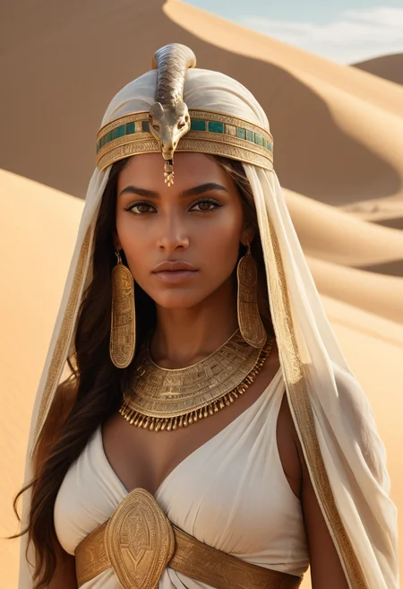 cinematic still The image is a highly detailed digital artwork depicting a woman in an ancient Egyptian-inspired setting. She stands in a desert landscape with vast sand dunes stretching into the background, illuminated by a warm, golden light. The woman has light brown skin and long, dark brown hair that peeks out from beneath a beige, flowing scarf that covers her head. She wears an elaborate, golden breastplate adorned with intricate carvings and patterns, emphasizing her ample breasts. Her upper body is bare, except for the breastplate and a matching golden arm band on her right arm. She also wears a golden headpiece with a small, ornate design at the center. Her eyes are a striking, piercing green, and she has a serious, confident expression. She holds a long, wooden staff with a coiled snake entwined around it, suggesting a connection to ancient Egyptian mythology. The texture of the sand dunes is smooth and detailed, with subtle shadows and highlights, while the woman's attire and accessories have a metallic, almost sculptural quality, adding to the image's rich, historical atmosphere. The overall style is hyper-realistic, capturing both the woman's regal presence and the detailed environment . emotional, harmonious, vignette, 4k epic detailed, shot on kodak, 35mm photo, sharp focus, high budget, cinemascope, moody, epic, gorgeous, film grain, grainy, The image is a highly detailed digital artwork depicting a woman in an ancient Egyptian-inspired setting. She stands in a desert landscape with vast sand dunes stretching into the background, illuminated by a warm, golden light. The woman has light brown skin and long, dark brown hair that peeks out from beneath a beige, flowing scarf that covers her head. She wears an elaborate, golden breastplate adorned with intricate carvings and patterns, emphasizing her ample breasts. Her upper body is bare, except for the breastplate and a matching golden arm band on her right arm. She also wears a golden headpiece with a small, ornate design at the center. Her eyes are a striking, piercing green, and she has a serious, confident expression. She holds a long, wooden staff with a coiled snake entwined around it, suggesting a connection to ancient Egyptian mythology. The texture of the sand dunes is smooth and detailed, with subtle shadows and highlights, while the woman's attire and accessories have a metallic, almost sculptural quality, adding to the image's rich, historical atmosphere. The overall style is hyper-realistic, capturing both the woman's regal presence and the detailed environment, cinematic, dynamic, dramatic ambient, vibrant colors, unique, mystical, engaging, exciting, imaginative, very inspirational, inspiring, original, full color, inspired, gorgeous, stunning, creative, artistic, winning new, best, awesome, futuristic, elegant, great composition, thought driven