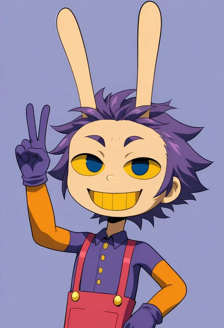 rating_safe, source_cartoon JaxTADC, solo, gloves, 1boy, animal ears, v, upper body, portrait, toes, animal ears, rabbit ears, suspenders, chibi:1.9, male focus, human:1.9, purple hair, hot purple blazer, pants, hot indigo gloves, yellow sclera, colored sclera, Hot Blue eyes, yellow teeth, rabbit feet, Hot purple cornea, forehead, stream