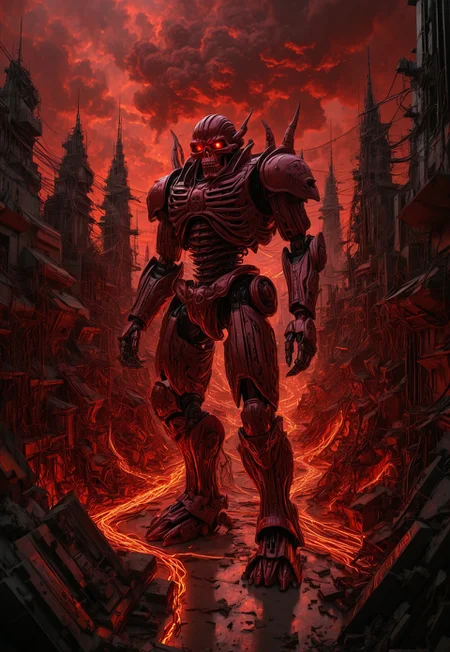hell, red theme, fire, cloudy sky, half cybernetic yellow skull, half shogun armor, immense mecha, gundam, heavy gear, baroque, hr giger, belinski, octane render, excessive amount of cables, blur, superb Herbarium of a (scary concrete electronic jungle at night, psychedelic art, moebius style bao pham, donato giancola, larry elmore, masterpiece, trending on artstation, featured on pixiv, cinematic composition, beautiful lighting, sharp, details, hyper-detailed, hdr, 4 k, 8 k:1.3) , (deep red theme:0.7) , in focus, Suffering