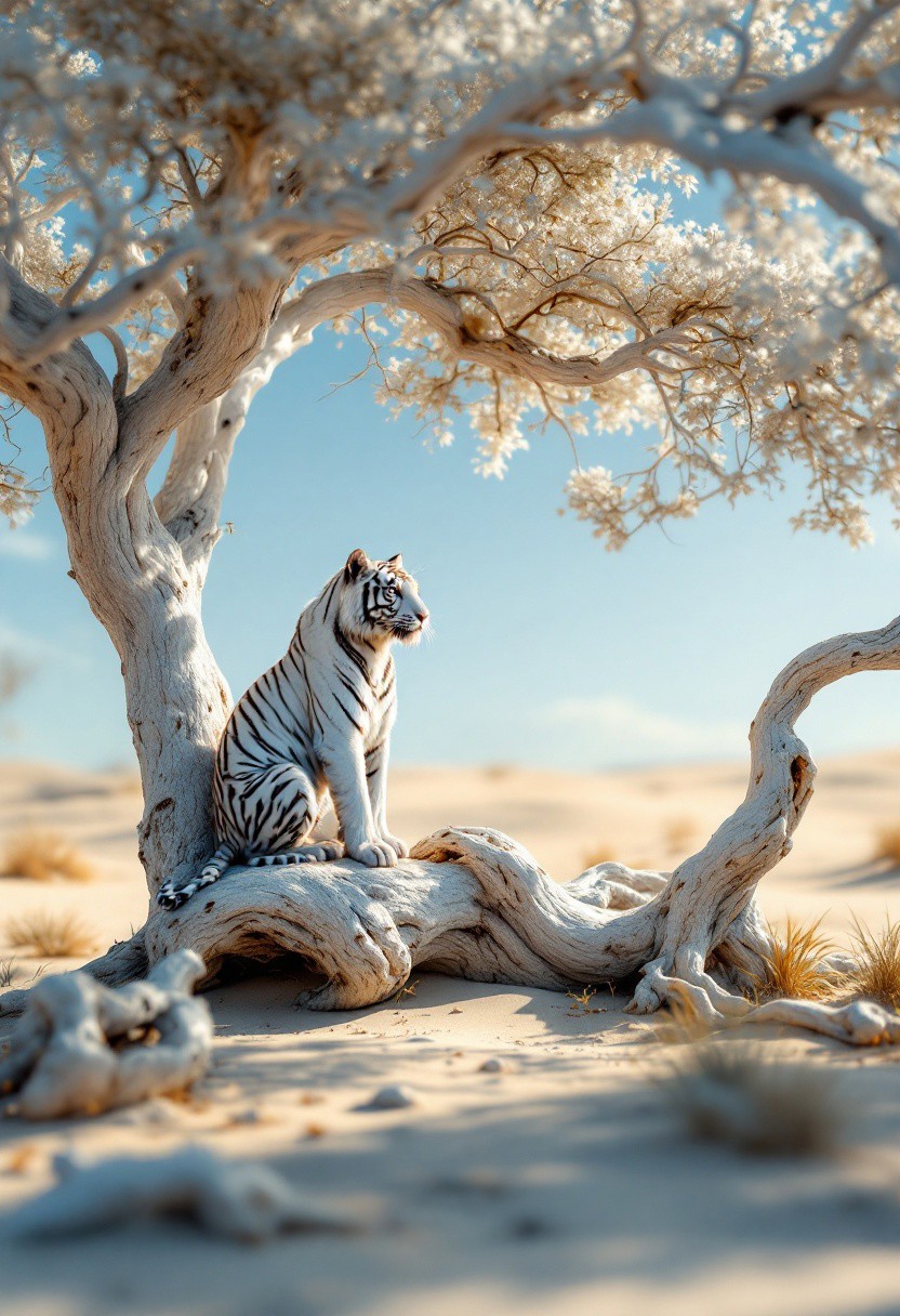 3d space, white trees, transparency and layered, white tiger sits on a gnarled tree at sands desert, realism, intricate details, hyper-detailed, colorful, macro, chiaroscuro lighting, cinematic photoshoot, close-up