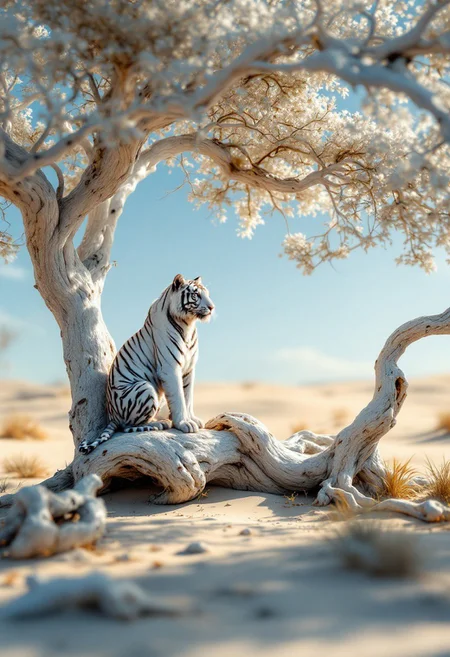 3d space, white trees, transparency and layered, white tiger sits on a gnarled tree at sands desert, realism, intricate details, hyper-detailed, colorful, macro, chiaroscuro lighting, cinematic photoshoot, close-up