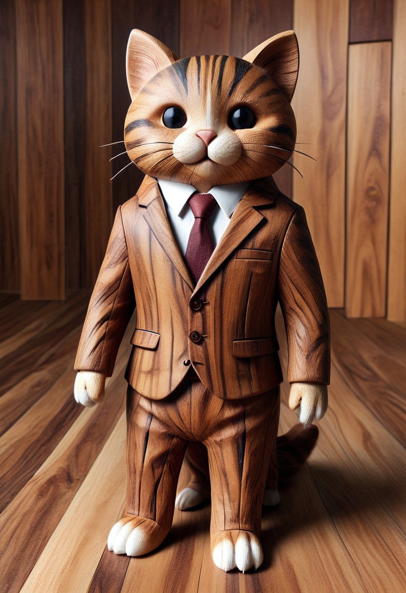photo of a cute cat standing wearing a business suit made of wood