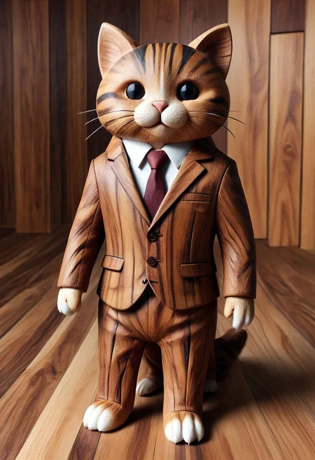 photo of a cute cat standing wearing a business suit made of wood
