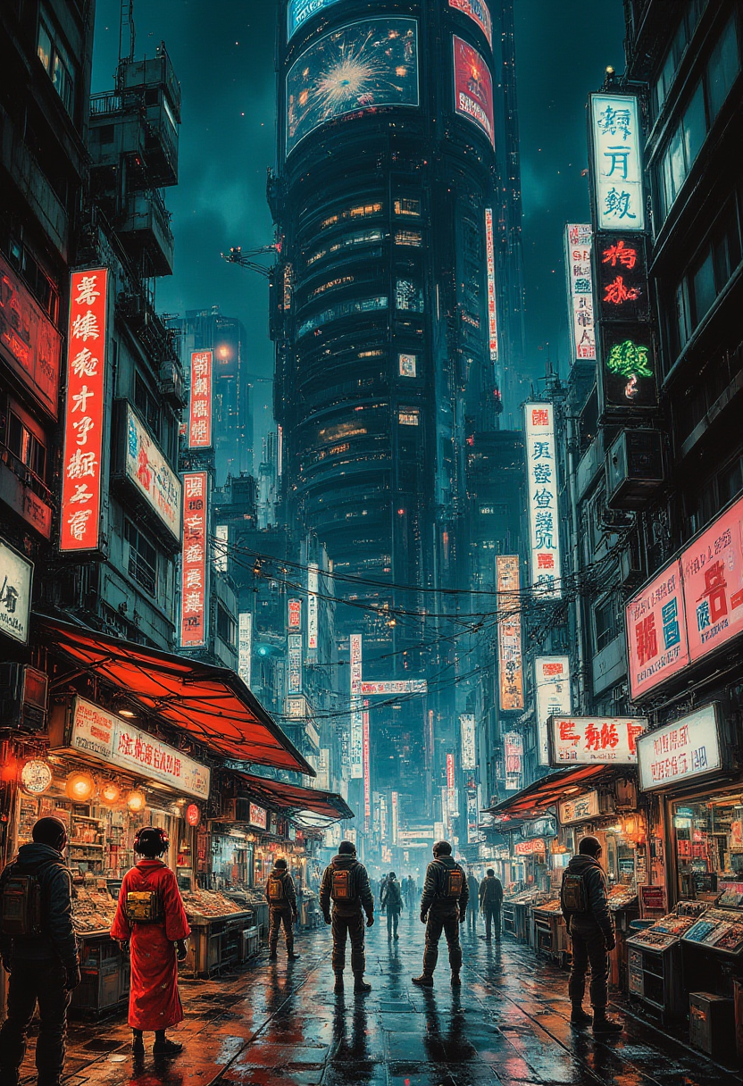 In the heart of Neo-Tokyo, a cyberpunk marketplace thrives beneath the towering shadow of a mega-corporate behemoth, its glowing neon signage casting eerie reflections on the wet, gritty streets below. The air is thick with the hum of advanced technology and the faint scent of ozone, as holographic vendors float above makeshift stalls, peddling digital wares that shimmer in the dim light. These ethereal displays are juxtaposed against the grimy, worn-out appearance of the market itself, evoking a sense of futuristic decay reminiscent of Masamune Shirow's Ghost in the Shell.  AI-enhanced street performers captivate the crowd with their mesmerizing displays. A lone geisha, her kimono adorned with neon circuit patterns, dances gracefully under a holographic cherry blossom tree, her movements echoing those of Shunya Yamashita's anime heroines. Meanwhile, a group of cybernetically enhanced musicians play haunting melodies on instruments that seem to defy the laws of physics, their performance channeling the futuristic spirit of Hiroshi Nagai's iconic artwork.  The marketplace is a labyrinth of interconnected stalls, each one illuminated by pulsating LED lights and adorned with glowing signs that advertise everything from advanced prosthetics to black market data chips. The atmosphere is electric, charged with the constant hum of conversation and transaction, as patrons haggle over prices in a blend of languages both organic and synthetic. Despite the high-tech trappings, there's an undeniable air of gritty authenticity that permeates every corner, drawing parallels to the vibrant street markets of present-day Asia.  The towering mega-corporate edifice looms over the scene like a monolithic sentinel, its surface adorned with massive screens that broadcast endless loops of corporate propaganda. The stark contrast between the opulence above and the squalor below serves as a poignant commentary on the social stratification of this futuristic world, evoking memories of Ridley Scott's dystopian masterpiece, Blade Runner.  This high-detail, high-quality masterpiece is a testament to the artist's vision, seamlessly blending the gritty realism of cyberpunk with the vibrant energy of space anime. The intricate composition and meticulous attention to detail invite the viewer to explore every corner of this futuristic bazaar, while the atmospheric lighting and dynamic poses imbue the scene with a palpable sense of life and motion., sp4c34n1m3