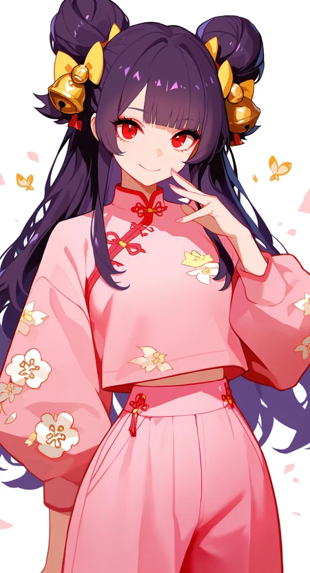 masterpiece, best quality, good quality, very awa,highres, very aesthetic, absurdres, newest,1girl, bell, bow, double bun, floral print, hair bell, hair bow, hair bun, hair ornament, long hair, nail polish, pants, pink nails, pink pants, pink shirt, purple hair, red eyes, shirt, sidelocks, smile, yellow bow, <lora:ponyv5_noobV065S_1_adamW-000013:0.7> <lora:USNR_STYLE_XL_lokr:0.45> <lora:HaradaTakehitoIXL_v3:0.45>