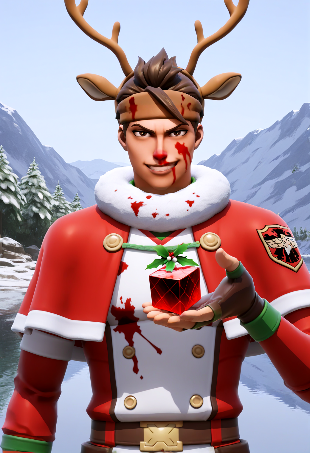 IllustriousQual <lora:StS-Illustrious-Detail-Slider-v1.0:2> <lora:cfg_scale_boost:0.3> <lora:Red-Nosed_Raider_IL_-_v1:0.7> RedNosedRaiderIL, brown hair, brown eyes, antlers, reindeer ears, reindeer-themed, headband, mistletoe, brown gloves, fingerless gloves,,detailed_background,outdoors,smirk,capelet,floating object,1boy,emblem,golden dawn \(emblem\),langris vaude,blood on clothes,black clover,brown hair,jacket,fur collar,white pupils,xingji20108,white jacket,cube,blood on face,red jacket,bright pupils,looking at viewer,red water,smile