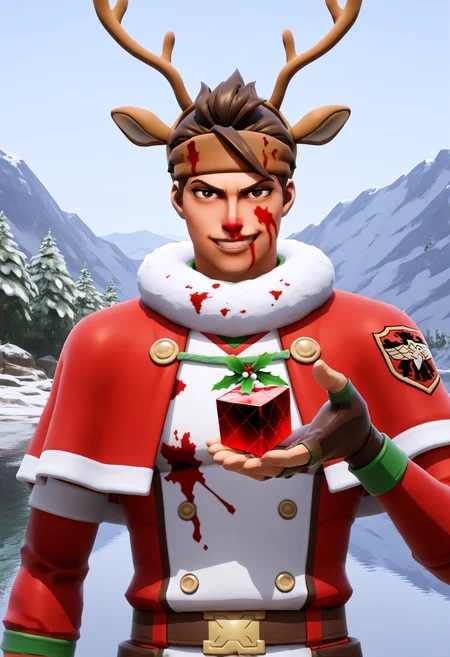 IllustriousQual <lora:StS-Illustrious-Detail-Slider-v1.0:2> <lora:cfg_scale_boost:0.3> <lora:Red-Nosed_Raider_IL_-_v1:0.7> RedNosedRaiderIL, brown hair, brown eyes, antlers, reindeer ears, reindeer-themed, headband, mistletoe, brown gloves, fingerless gloves,,detailed_background,outdoors,smirk,capelet,floating object,1boy,emblem,golden dawn \(emblem\),langris vaude,blood on clothes,black clover,brown hair,jacket,fur collar,white pupils,xingji20108,white jacket,cube,blood on face,red jacket,bright pupils,looking at viewer,red water,smile
