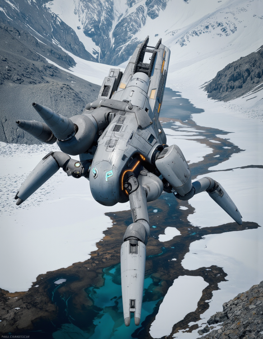 By Paul Chadeisson. A photo-realistic shoot from below about a futuristic, humanoid robot flying over a snowy mountain landscape with a river below. the image also shows a large, metallic, futuristic robot with a sleek, futuristic design, positioned in the middle of the image. the robot appears to be in mid-air, with its legs spread wide and its arms extended, as if it is about to take off. it has a metallic body with a combination of grey and white colors, and its eyes are glowing with blue and orange accents. its body is composed of multiple mechanical components, including a large gun mounted on its back, giving it a sleek and advanced look. the background features snow-covered mountains and a clear blue river flowing through the scene, with snow-capped peaks in the distance. the overall atmosphere is one of awe and wonder, with a sense of wonder and adventure.