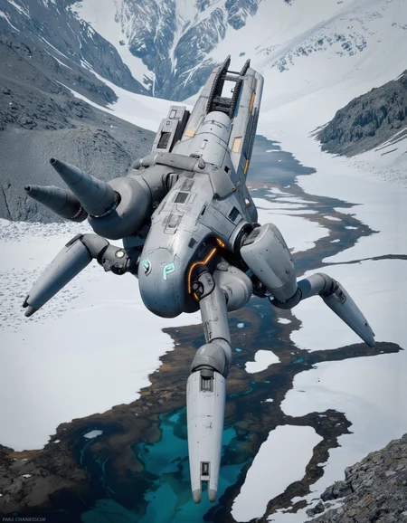 By Paul Chadeisson. A photo-realistic shoot from below about a futuristic, humanoid robot flying over a snowy mountain landscape with a river below. the image also shows a large, metallic, futuristic robot with a sleek, futuristic design, positioned in the middle of the image. the robot appears to be in mid-air, with its legs spread wide and its arms extended, as if it is about to take off. it has a metallic body with a combination of grey and white colors, and its eyes are glowing with blue and orange accents. its body is composed of multiple mechanical components, including a large gun mounted on its back, giving it a sleek and advanced look. the background features snow-covered mountains and a clear blue river flowing through the scene, with snow-capped peaks in the distance. the overall atmosphere is one of awe and wonder, with a sense of wonder and adventure.