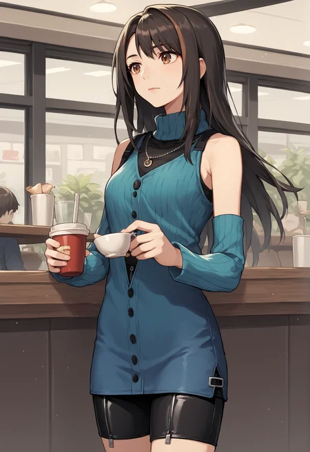 1girl, solo, long hair, Two-Tone Hair, black hair, streaked hair, brown hair, brown eyes, necklace, jewelry, blue sweater, turntleneck, bare shoulder, detached sleeves, bike shorts, zipper, skirt, buttons, indoors, cafe, cowboy shot <lora:Rinoa_XL:1>, score_9, score_8_up, score_7_up, score_6_up, score_5_up, score_4_up, BREAK source_anime, masterpiece