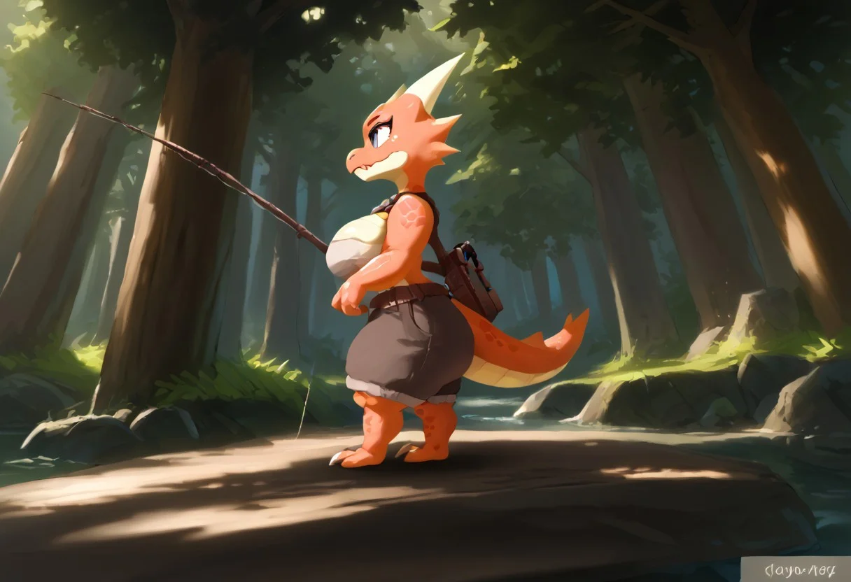source_furry, score_9, score_8_up, score_7_up, scalie, kobold, dragon, yellow scales, thick thighs, shortstack, happy, flowy clothing, fishing rod, skipping, big smile, cute fang, walking pose, overjoyed, holding fishing rod, crossing bridge, side view, forest, crossing over stream, crossing over small stream, bright environment, atlyssstyle, low poly, solo, 1female, large breasts, thick tail, thick reptile tail, low camera angle, full body, atlyssstyle, low poly