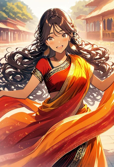 masterpiece, best quality, amazing quality, girl, brown skin, tan skin, perfect brown eyes, very long black hair, whispy bangs, medium breasts, 8k, highest quality, ultra details,1girl, solo,
red Sari, saree, Indian Girl, Traditional Indian Clothes, Brown Skin, dancing, holding sari, laughing, happy, summer season,beautiful indian village, outdoors, warm colors, warm lighting