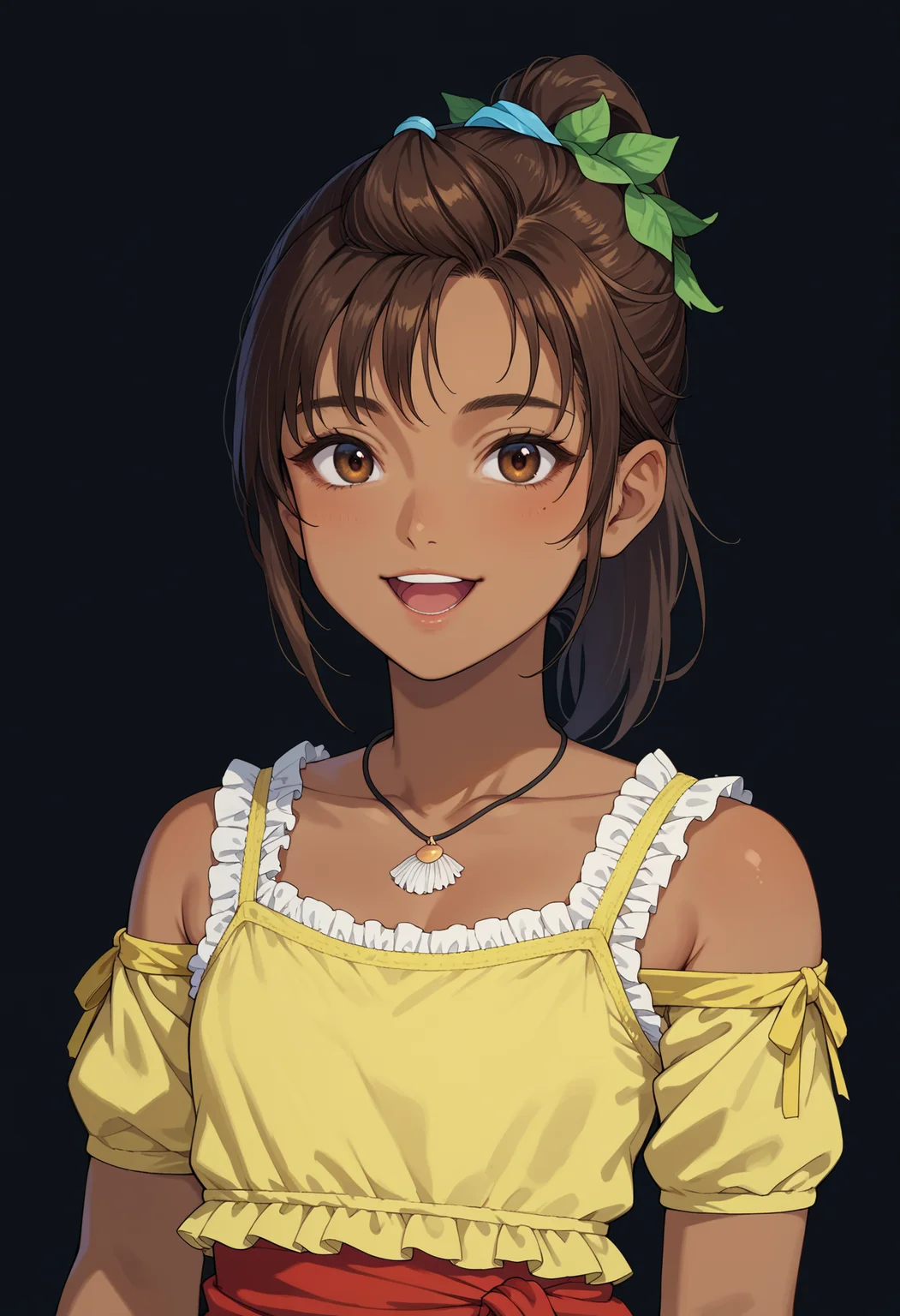 score_9,source_8_up,source_7_up,masterpiece,source_anime,portrait,1girl,priscilla,brown hair,brown eyes,ponytail,dark-skinned female,necklace,looking at viewer,standing,hair ornament,smile,open mouth,red sarong,yellow crop top,black background,<lora:PriscillaFF7:1>,