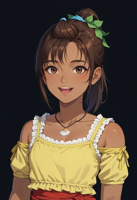 score_9,source_8_up,source_7_up,masterpiece,source_anime,portrait,1girl,priscilla,brown hair,brown eyes,ponytail,dark-skinned female,necklace,looking at viewer,standing,hair ornament,smile,open mouth,red sarong,yellow crop top,black background,<lora:PriscillaFF7:1>,