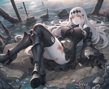 nsfw, masterpiece, best quality, best anatomy, digital art, Intricately designed illustration, underwater, aircraft carrier water oni, 2 legs, lying, (tired), closed mouth, (((((damaged, torn dress, injury, scratches)))), 1girl, solo, colored skin, pale skin, white skin, red eyes, white hair, long hair, ((hair ornament)), large breasts, frills, ribbed black dress, sailor dress, black gloves, detached sleeves, bare shoulders, (zettai ryouiki, thighhighs), (((bulky armored knee boots, high heel boots))), (((dark abyss, ocean floor, seaweed, jagged rocks, air bubbles)))