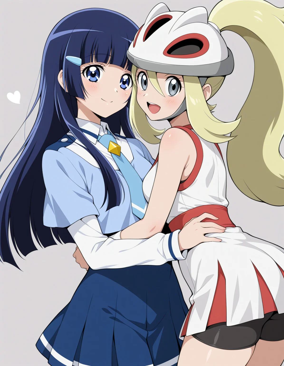 <lora:Hyper8:0.5> 2girls, couple, hug, happy,
aoki reika, smile precure!, straight hair, long hair, blue hair, blunt bangs, blue eyes, nanairogaoka middle school uniform, blue necktie, layered sleeves, short over long sleeves, blue tops, white sleeves,
korrina \(pokemon\), pokemon xy, blonde hair, grey eyes, white dress, bike shorts, white helmet,, masterpiece, best quality, amazing quality, very aesthetic, absurdres