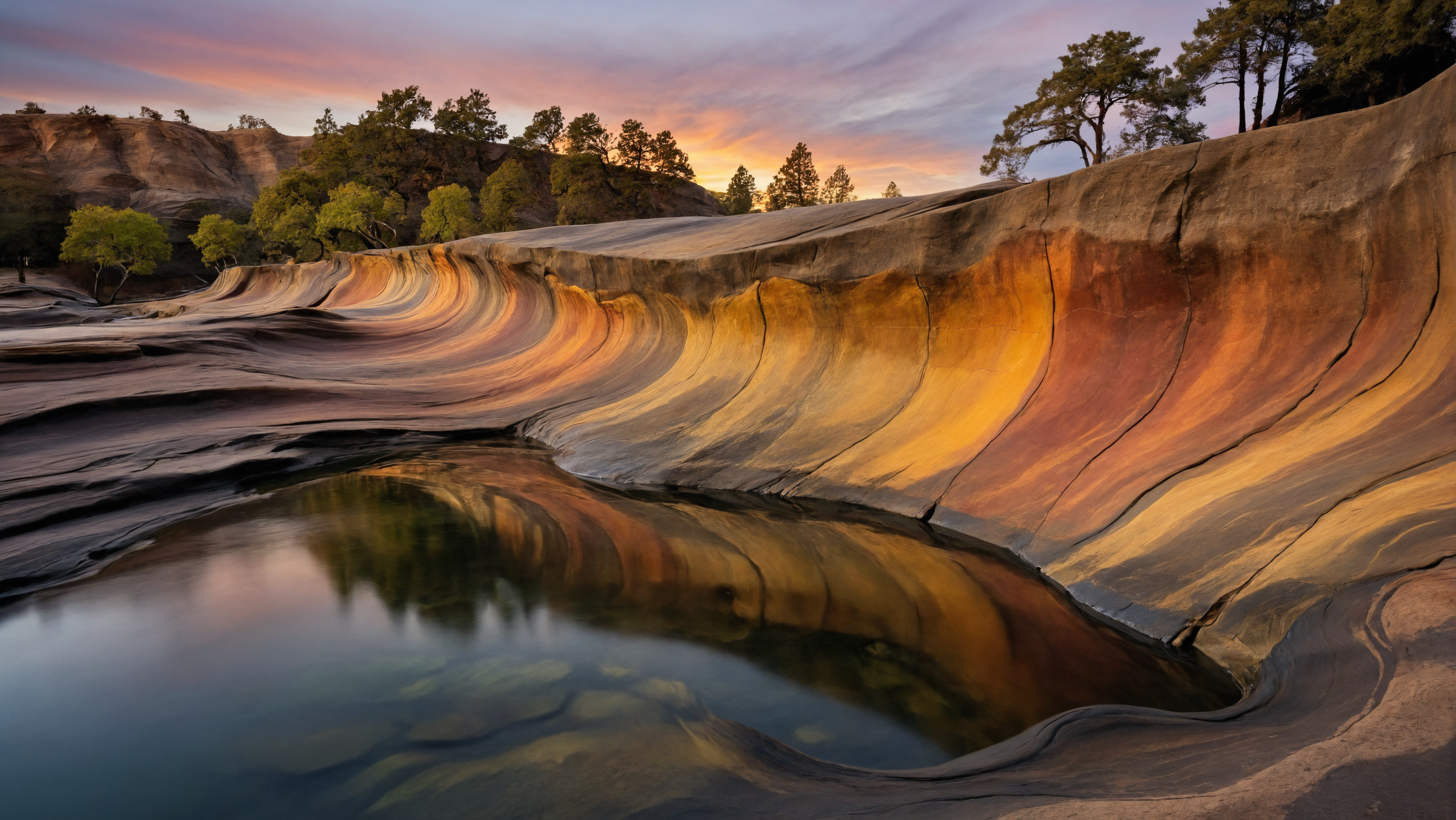 Opposite that, with the surface reflecting hints of the sunset's colors., wave-like rock walls that have been eroded into flowing shapes. The walls have rich gradations of color, likely either morning or evening. trees, which suggests it may be an institution or a place of interest. 
<lora:Landscapes-v1.1:0.8>,