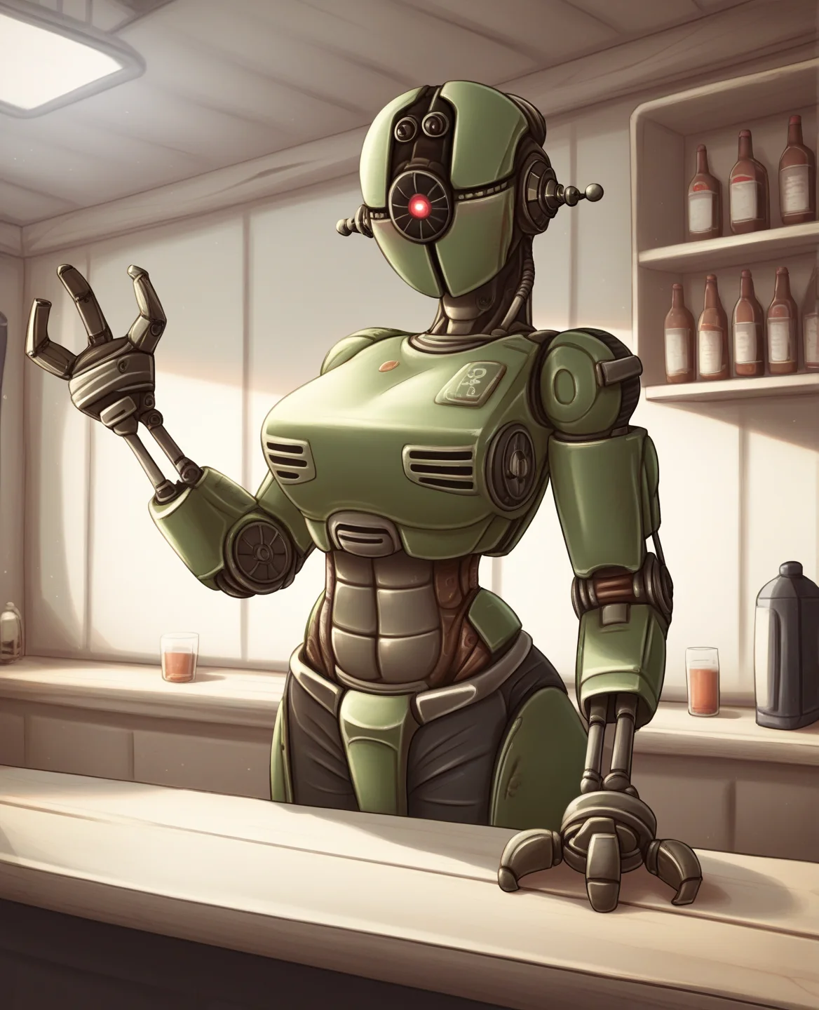 score_9, score_8_up, score_7_up, score_6_up, score_5_up, by oyv, by pbi, by pkm, by pme, assaultron, fallout, 1girl, solo, breasts, looking at viewer, robot, humanoid robot, robot joints, one-eyed, joints, green body, mechanical arms, crotch plate, science fiction, green armor, (robotic hand, 3 fingers:1.3), inside, bar, counter, leaning on table, detailed background
<lora:assaultron_pdxl_:0.8>