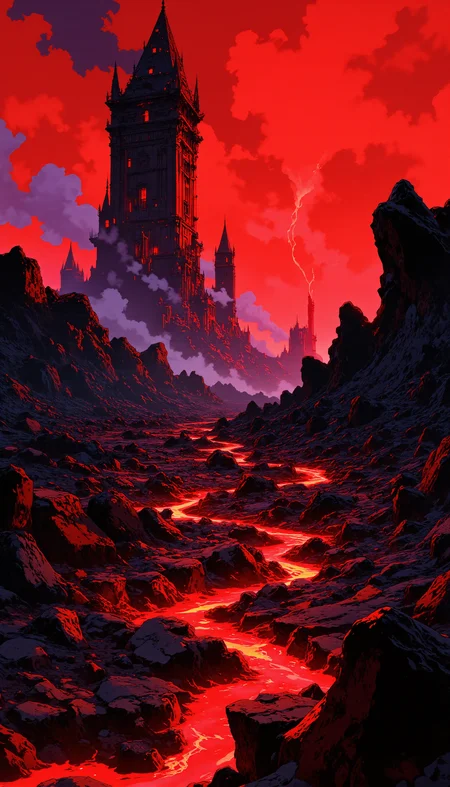 Jagged obsidian spires pierce the blood-red sky, stretching endlessly across a desolate, cursed wasteland. The ground is cracked and scorched, pulsing with faint embers of long-forgotten magic, as molten rivers carve deep veins through the shattered terrain. In the distance, a massive black citadel looms, its towering silhouette adorned with burning runes that drip with malevolent energy. The air itself is thick with shadowy tendrils, swirling as if alive, whispering ancient curses. The scene is both terrifying and awe-inspiring, evoking a sense of forbidden power, lost history, and dark fate. The color palette is dominated by deep blacks, smoldering oranges, eerie purples, and flickering red hues. Dark fantasy landscape, ultra-detailed environment, cinematic lighting, intense contrast, hellish atmosphere, dynamic scale, volumetric smoke, high-detail textures, foreboding tension.