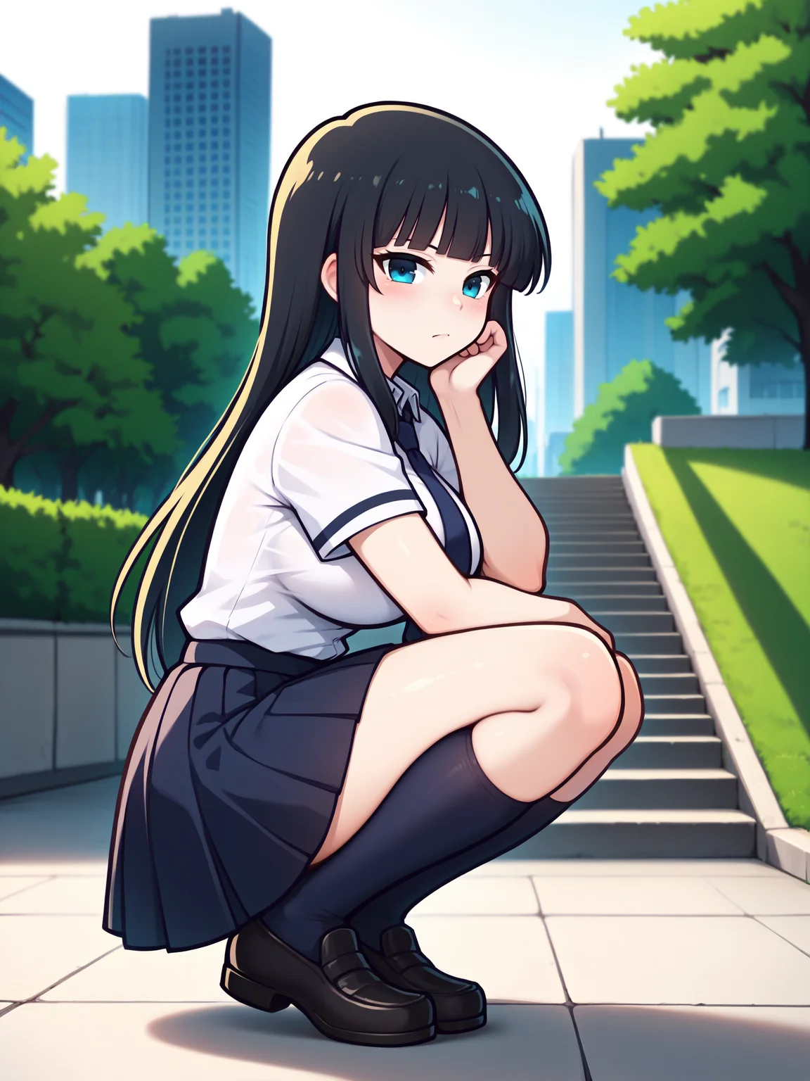 masterpiece, best quality, amazing quality, by asukaln
(solo:1.4), Ikaruga_IL, long black hair, blunt bangs, hime cut, dark blue eyes, large breasts, Ikaruga_School, school uniform, blue necktie, white buttoned shirt, pleated skirt, dark blue kneehighs, black loafers
moody lighting, strong lighting, soft lighting, blurry, blurry background, building, squatting, cityscape, day, depth of field, from side, hand up, kneehighs, looking at viewer, outdoors, scenery, school, sitting, stairs, tree, wide shot, dutch angle
<lora:Mystyle_SDXL_LoCon_DORA_v2:1>
<lora:SK_Ikaruga_IL:0.8>