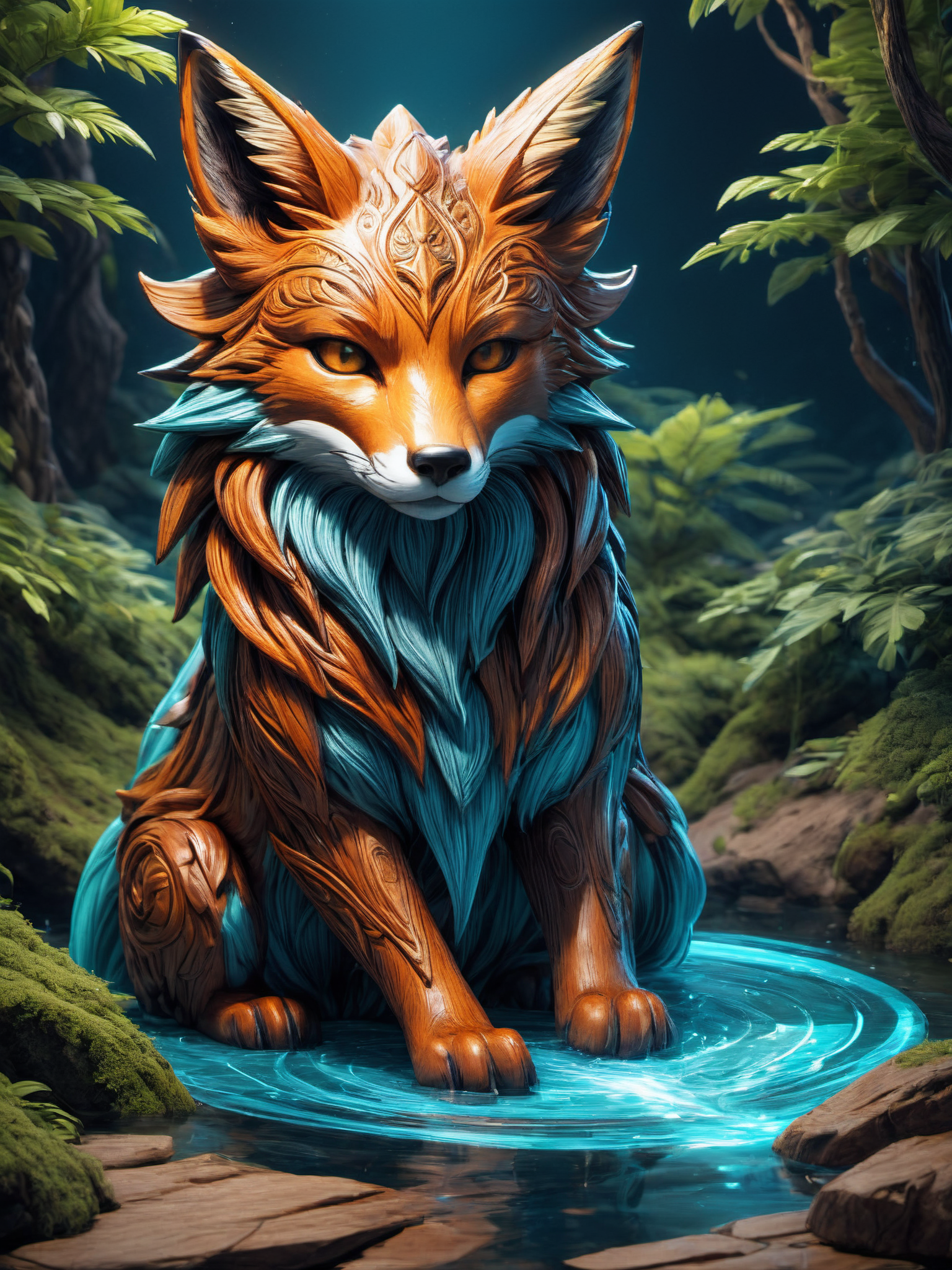 isometric style (wooden spirit fox totem) <lora:LoromXL_Druidic_Naturalism:0.6>,  vibrant, stunningly beautiful, crisp, detailed, sleek, ultramodern, warm natural highlights, dark aquamarine shadows, high contrast, luminous reflections, rtx on, subsurface scattering, dynamic hdr tone mapping, volumetric lighting, screenspace reflection, Physically-Based Rendering, Unity WÄtÄ environmental water . vibrant, beautiful, crisp, detailed, ultra detailed, intricate