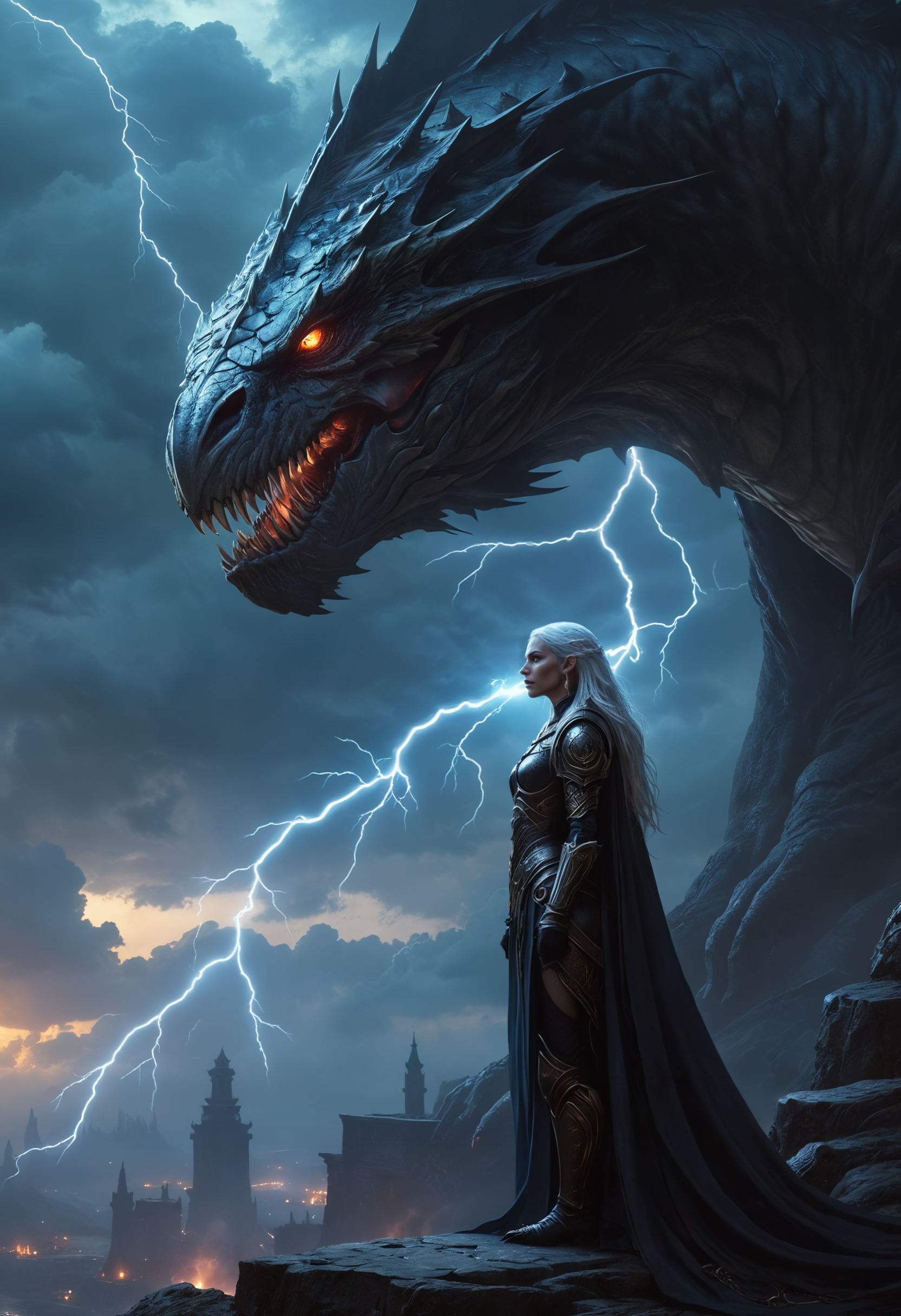 highly detailed and hyper realistic, hyper realistic and highly detailed, a cinematic panoramic full shot of a female Death Knight with a beautiful face and extremely long silver hair standing next to the colossal head of an undead dragon, glowing eyes, dark clouds, stormy weather, lightning, concept art, fantasy art, dark fantasy art, atmospheric haze
<lora:xl_more_art-full_v1:0.5> <lora:add-detail-xl:1>