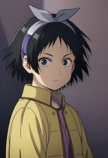 Totori, short hair, black hair, black eyes, yellow jacket, purple hairband, <lora:HeavenlyDelusion:1>,