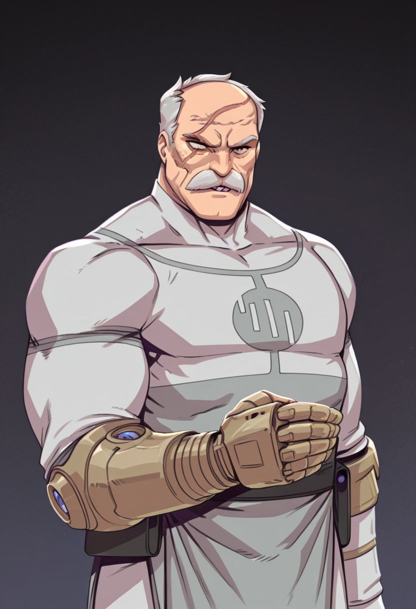 masterpiece, best quality, newest, absurdres, highres, d-rex, d-rex style, 
 1boy, Conquest-ISV-V1.0 old man, white hair, mustache, facial hair, scar, blind eye, single mechanical arm,