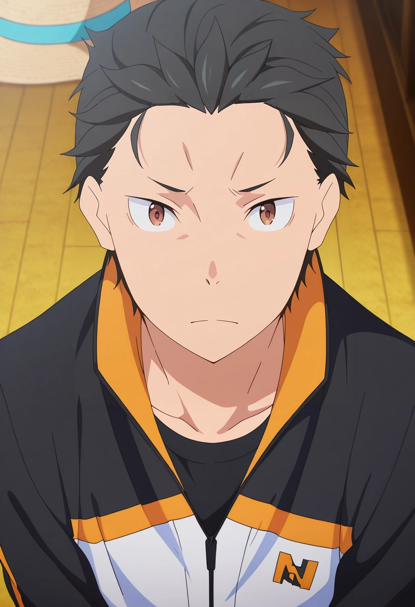 masterpiece, best quality, , anime screencap, anime coloring, , looking at viewer, 1boy, solo, male focus, <lora:subaru_natsuki_ilxl:1>, subaru_natsuki, black hair, brown eyes, short hair, natsuki subaru, hair slicked back, track jacket, , scarf, panama hat