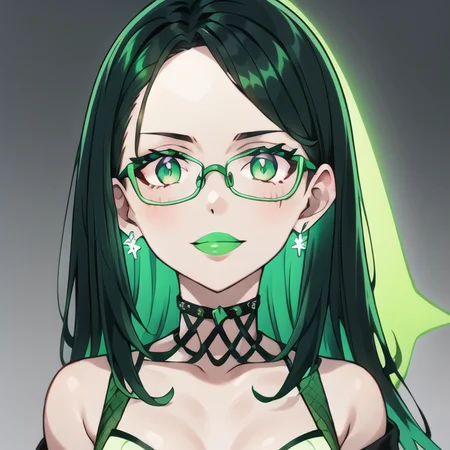 simple, vibrant colors, (high res), HD, 4k, ((best quality:1.3)), beautiful face, detailed face, realistic, <lora:anime_screencap_v2:.3> solo focus, solo, zoomed in,(up close face shot, close-up face shot:1.3), facing viewer, (rave background:1.2, plain background:1.2, simple background:1.3), (looking at viewer), 1girl, BREAK, smirk, ( lipstick, long hair, long wavy black hair, green eyes, (glasses:1.3), spiderweb tattoo, breast tattoo (glowing-neon-green-fishnet-bodysuit), latex crop top, off shoulder, earrings), black hair, <lora:fakelips_1:1> huge lips, lip filler, fakelips, high quality, face in view, detailed face, cute, long nails, red nails, painted nails, ( toxic green lipstick), mascara,(glowing-neon-green-eyes, glowing-neon-green-lipstick, <lora:lukethighwalkerneonsd15v5:.4>) <lora:big_hair-1.0:1> big hair, wide grin, <lora:breastsizeslideroffset:-.8>  bimbo, bimbo lips, <lora:pokemon_v3_offset:.7>