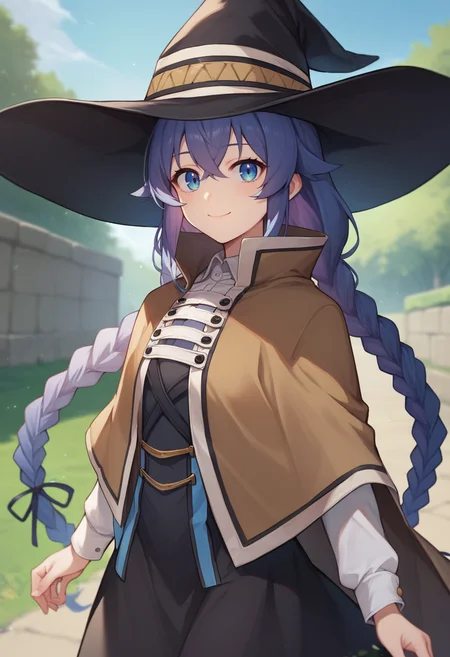 score_9, score_8_up, score_7_up, source_anime, solo, 1girl, roxy migurdia, smile, looking at viewer, standing, twin braids, witch hat, brown cape, shirt, long sleeves, black skirt, outdoors <lora:mushokutensei_roxymigurdia_ponyXL:1>